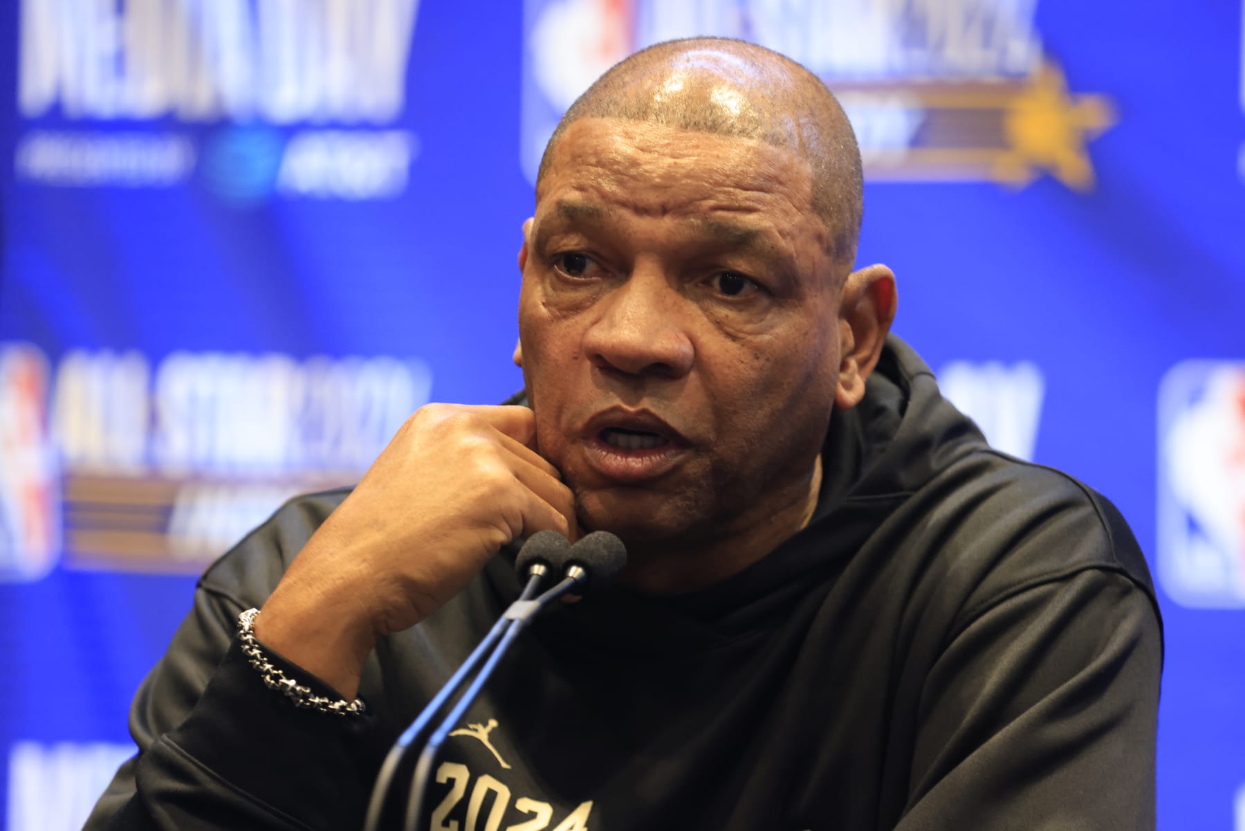 INDIANAPOLIS, INDIANA - FEBRUARY 17: Head coach Doc Rivers of the Milwaukee Bucks speaks to media at Gainbridge Fieldhouse on February 17, 2024 in Indianapolis, Indiana. NOTE TO USER: User expressly acknowledges and agrees that, by downloading and or using this photograph, User is consenting to the terms and conditions of the Getty Images License Agreement. (Photo by Justin Casterline/Getty Images)