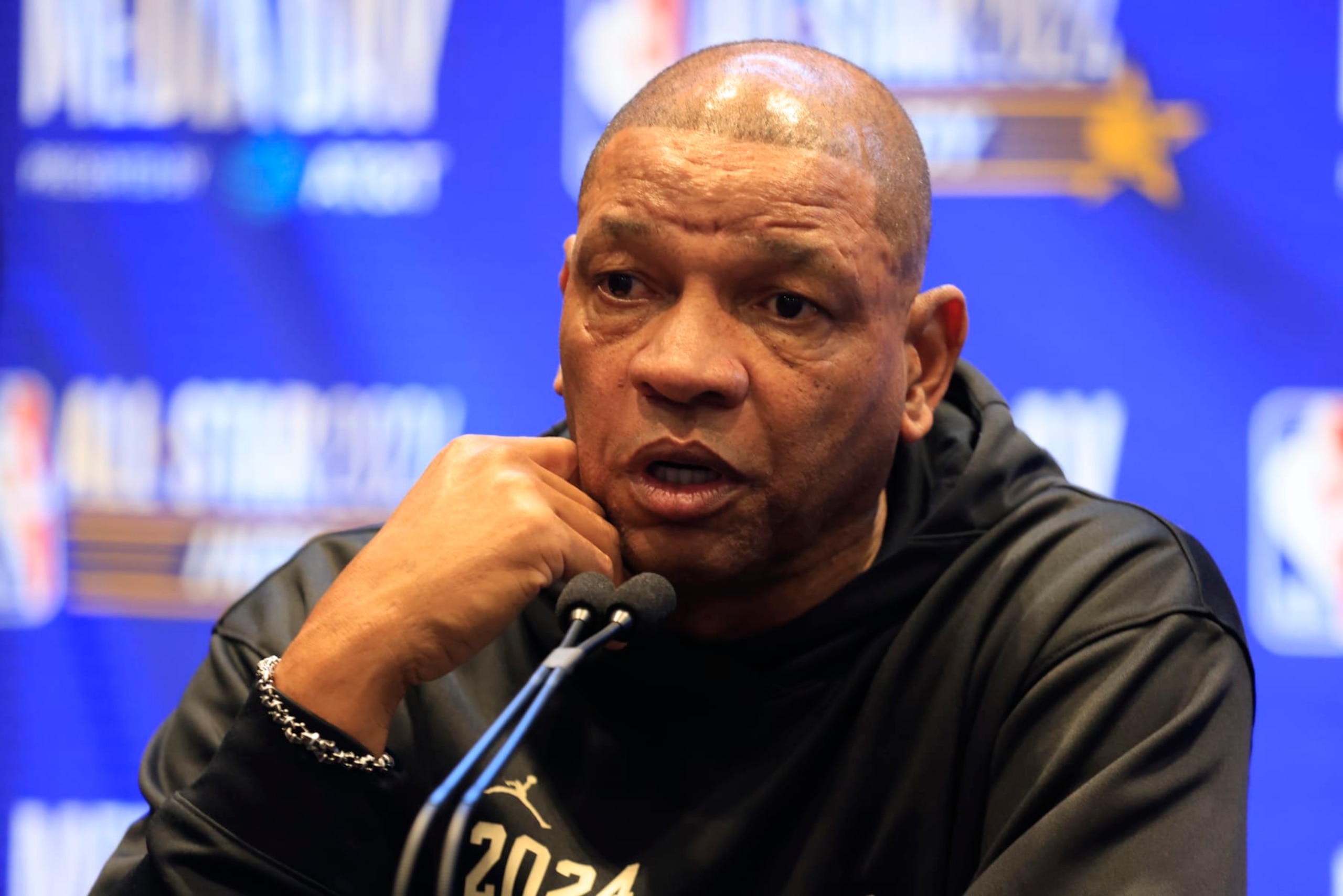 INDIANAPOLIS, INDIANA - FEBRUARY 17: Head coach Doc Rivers of the Milwaukee Bucks speaks to media at Gainbridge Fieldhouse on February 17, 2024 in Indianapolis, Indiana. NOTE TO USER: User expressly acknowledges and agrees that, by downloading and or using this photograph, User is consenting to the terms and conditions of the Getty Images License Agreement. (Photo by Justin Casterline/Getty Images)
