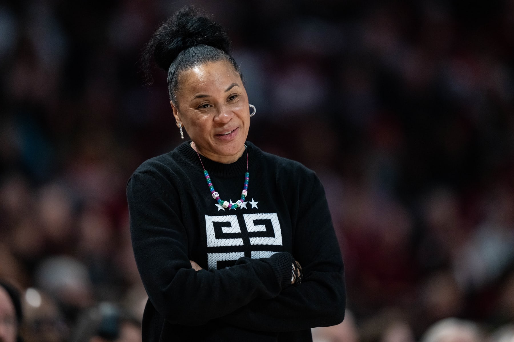 COLUMBIA, SOUTH CAROLINA - FEBRUARY 18: Head coach Dawn Staley of the South Carolina Gamecocks looks on during their game against the Georgia Lady Bulldogs at Colonial Life Arena on February 18, 2024 in Columbia, South Carolina. (Photo by Jacob Kupferman/Getty Images)