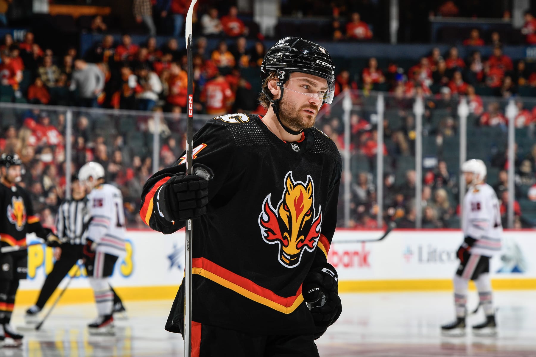 CALGARY, ALBERTA - JANUARY 27: R of the Calgary Flames skates against the Chicago Blackhawks at the Scotiabank Saddledome on January 27, 2024 in Calgary, Alberta. (Photo by Terence Leung/NHLI via Getty Images)