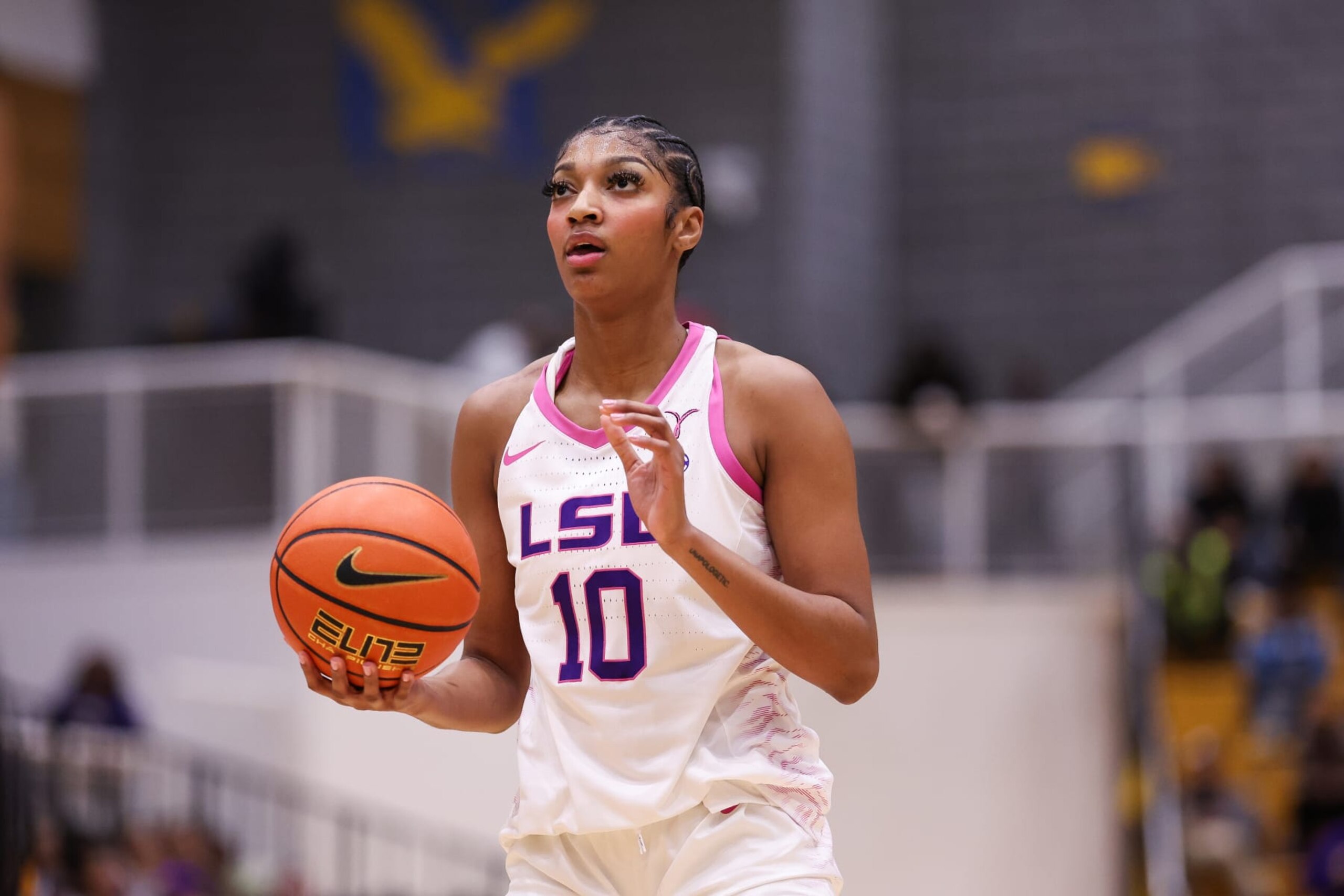BALTIMORE, MD - DECEMBER 20:  Angel Reese of LSU action during a NCAA Women's Basketball game between LSU Lady Tigers (80) and Coppin State Eagles (48)  at the Coppin State Physical Education Complex on December 20th, 2023 in Baltimore, Maryland. (Photo by Simon Bruty/Anychance/Getty Images)