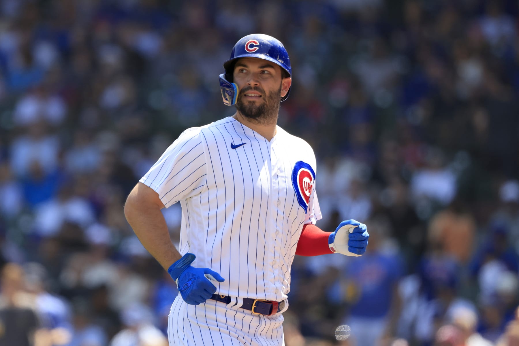 CHICAGO, ILLINOIS - MAY 07: Eric Hosmer #51 of the Chicago Cubs looks on in the game against the Miami Marlins at Wrigley Field on May 07, 2023 in Chicago, Illinois. (Photo by Justin Casterline/Getty Images)