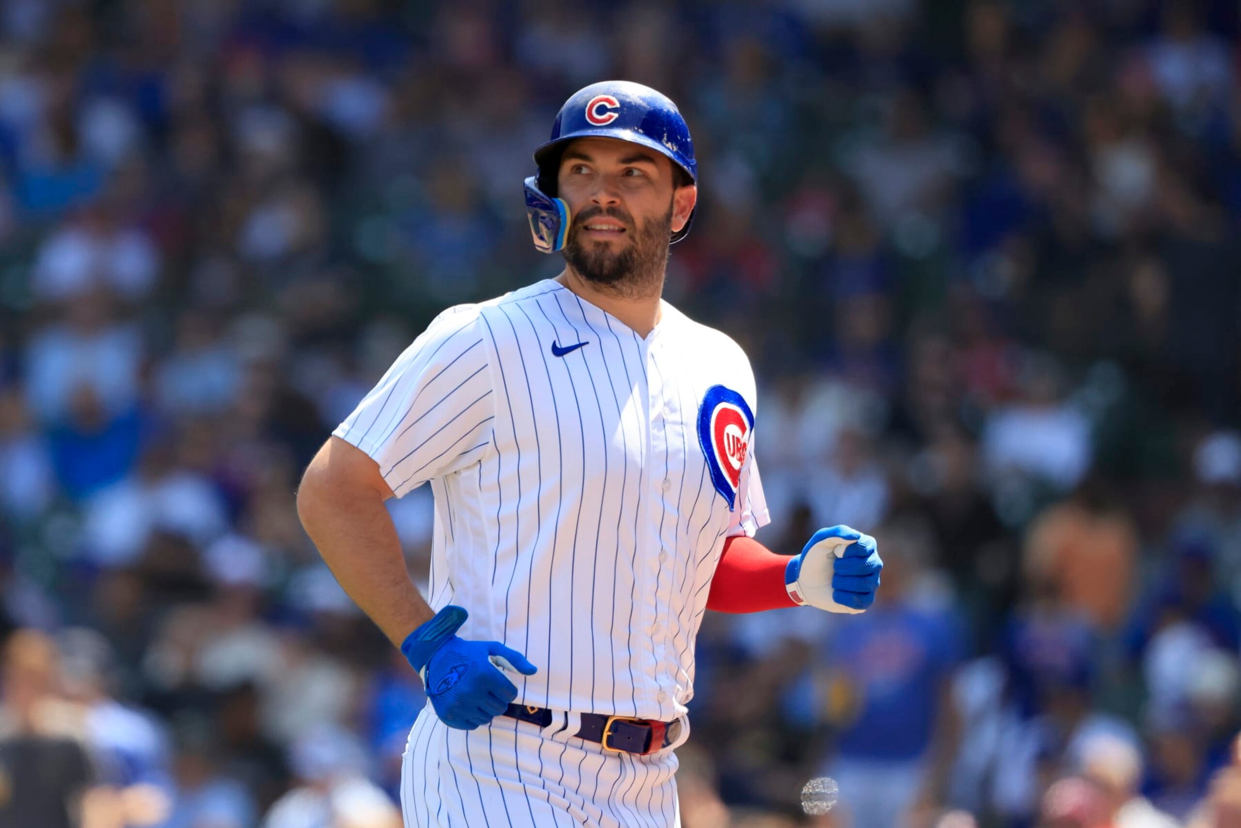 CHICAGO, ILLINOIS - MAY 07: Eric Hosmer #51 of the Chicago Cubs looks on in the game against the Miami Marlins at Wrigley Field on May 07, 2023 in Chicago, Illinois. (Photo by Justin Casterline/Getty Images)