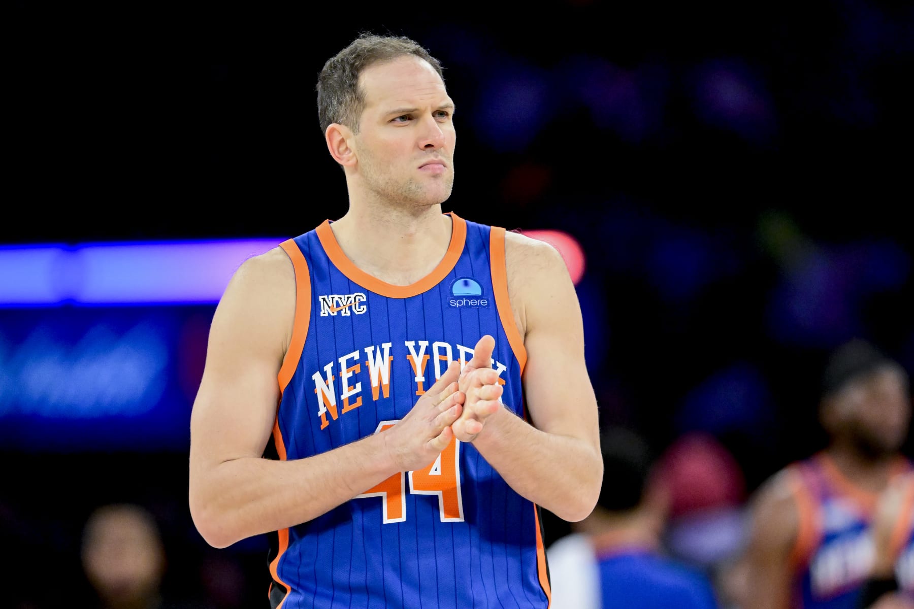 NEW YORK, NEW YORK - FEBRUARY 10:  Bojan Bogdanovic #44 of the New York Knicks reacts during the second half against the Indiana Pacers at Madison Square Garden on February 10, 2024 in New York City. NOTE TO USER: User expressly acknowledges and agrees that, by downloading and or using this photograph, User is consenting to the terms and conditions of the Getty Images License Agreement. (Photo by Steven Ryan/Getty Images)