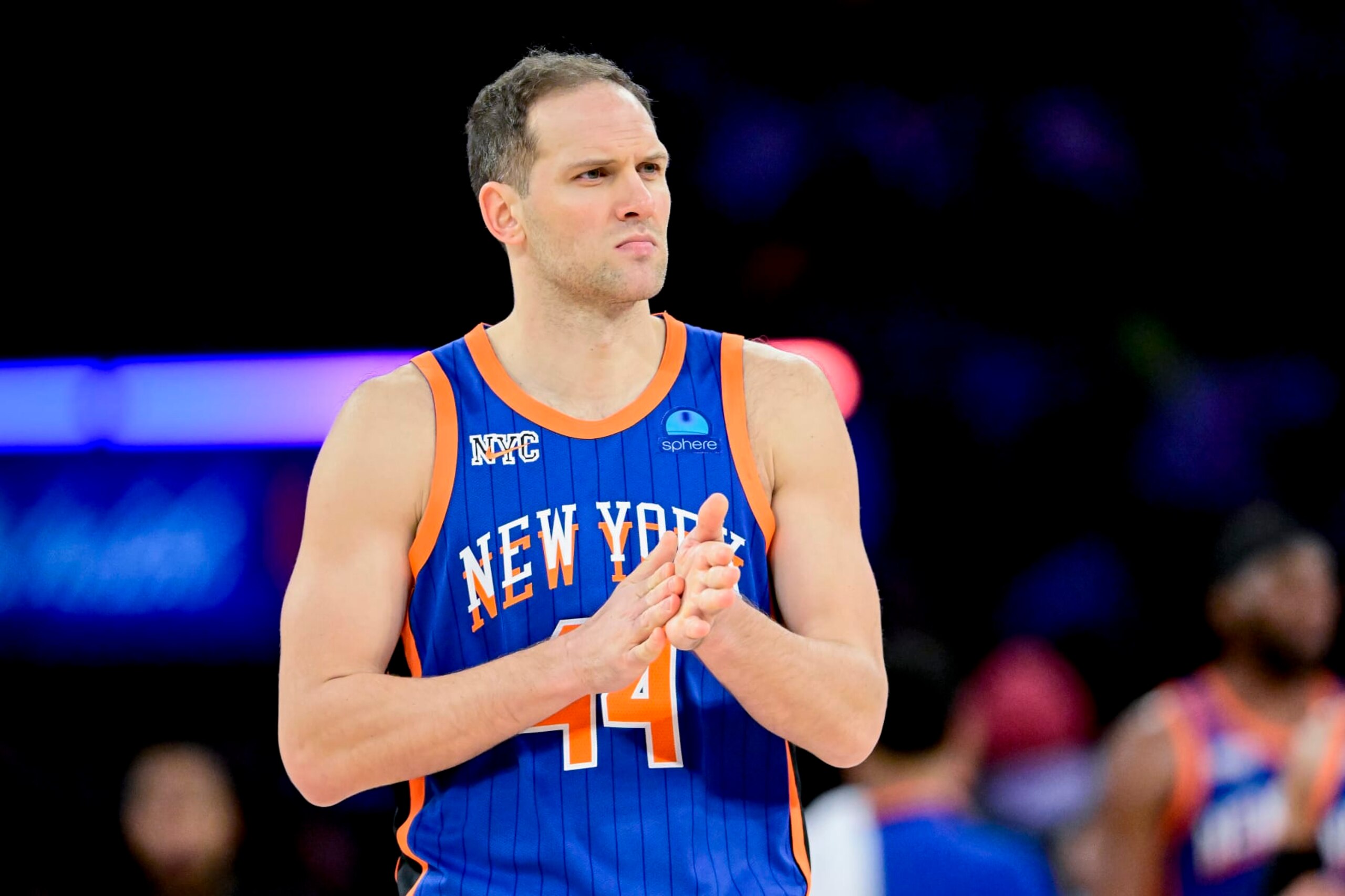 NEW YORK, NEW YORK - FEBRUARY 10:  Bojan Bogdanovic #44 of the New York Knicks reacts during the second half against the Indiana Pacers at Madison Square Garden on February 10, 2024 in New York City. NOTE TO USER: User expressly acknowledges and agrees that, by downloading and or using this photograph, User is consenting to the terms and conditions of the Getty Images License Agreement. (Photo by Steven Ryan/Getty Images)