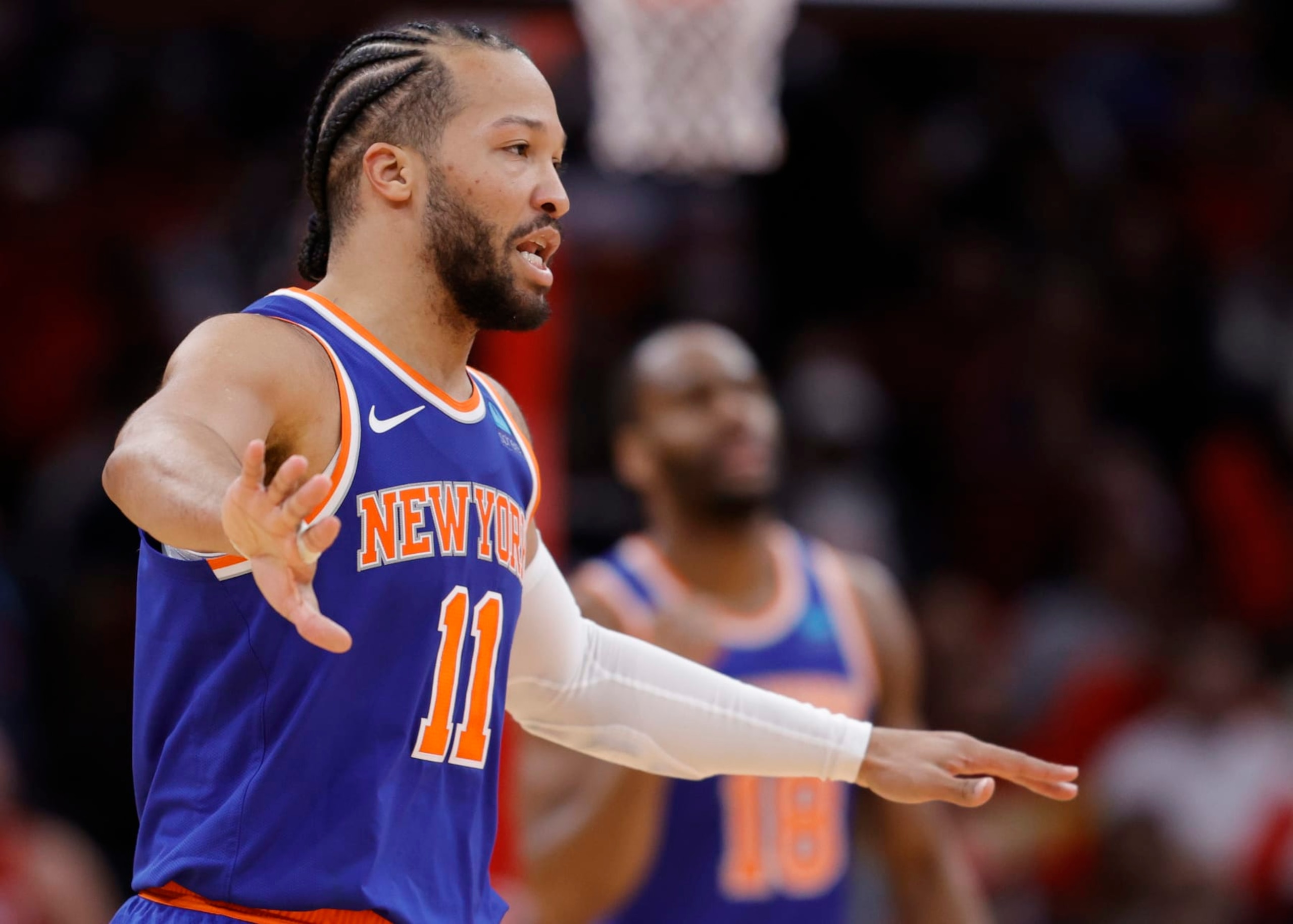 HOUSTON, TEXAS - FEBRUARY 12: Jalen Brunson #11 of the New York Knicks reacts against the Houston Rockets during the second half at Toyota Center on February 12, 2024 in Houston, Texas. NOTE TO USER: User expressly acknowledges and agrees that, by downloading and or using this photograph, User is consenting to the terms and conditions of the Getty Images License Agreement. (Photo by Carmen Mandato/Getty Images)