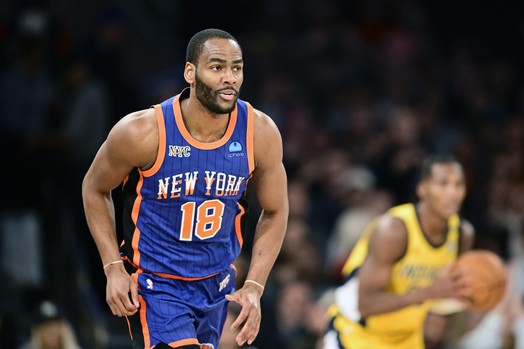 NEW YORK, NEW YORK - FEBRUARY 10:  Alec Burks #18 of the New York Knicks runs the court against the Indiana Pacers at Madison Square Garden on February 10, 2024 in New York City. NOTE TO USER: User expressly acknowledges and agrees that, by downloading and or using this photograph, User is consenting to the terms and conditions of the Getty Images License Agreement. (Photo by Steven Ryan/Getty Images)