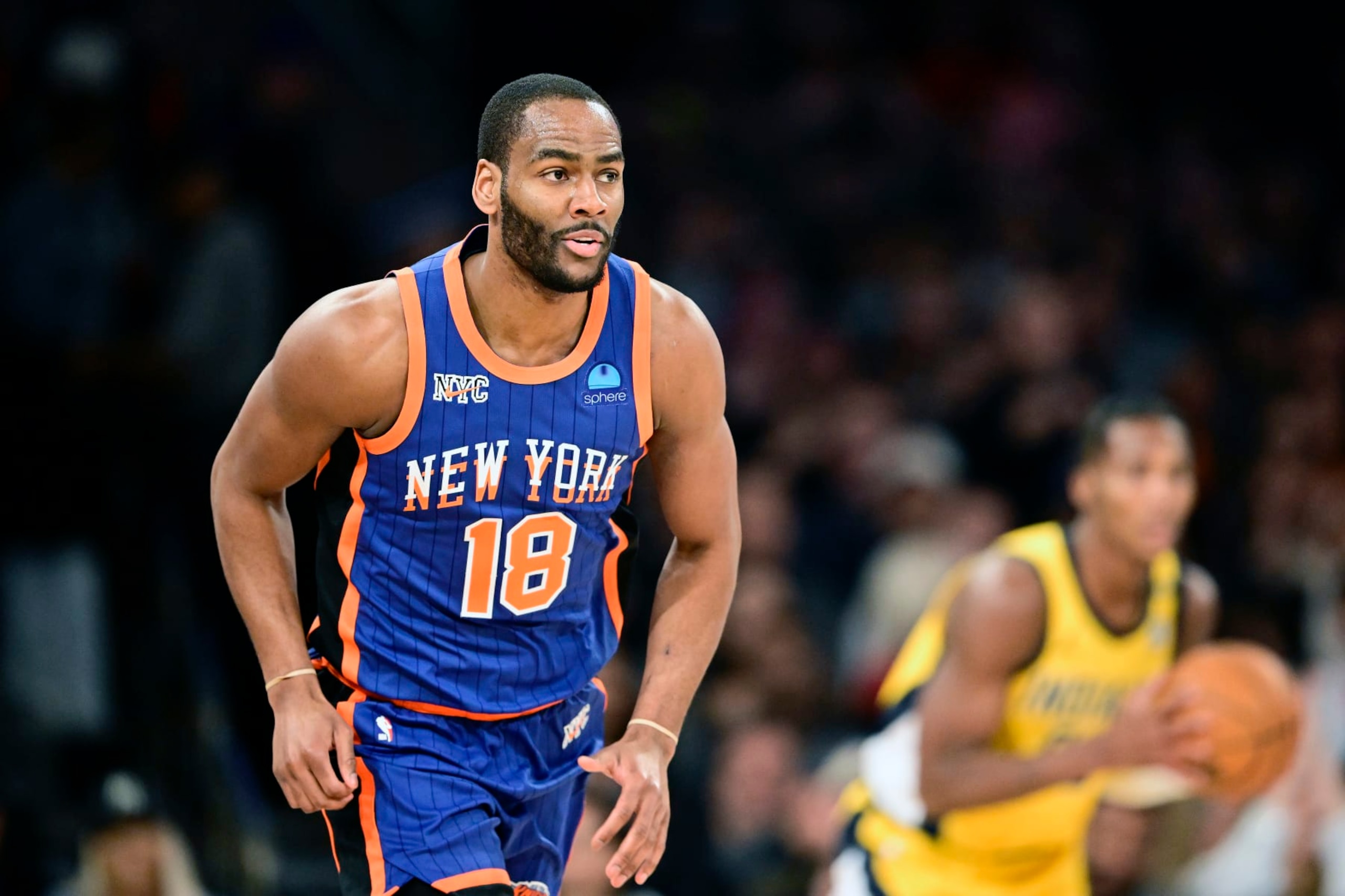 NEW YORK, NEW YORK - FEBRUARY 10:  Alec Burks #18 of the New York Knicks runs the court against the Indiana Pacers at Madison Square Garden on February 10, 2024 in New York City. NOTE TO USER: User expressly acknowledges and agrees that, by downloading and or using this photograph, User is consenting to the terms and conditions of the Getty Images License Agreement. (Photo by Steven Ryan/Getty Images)