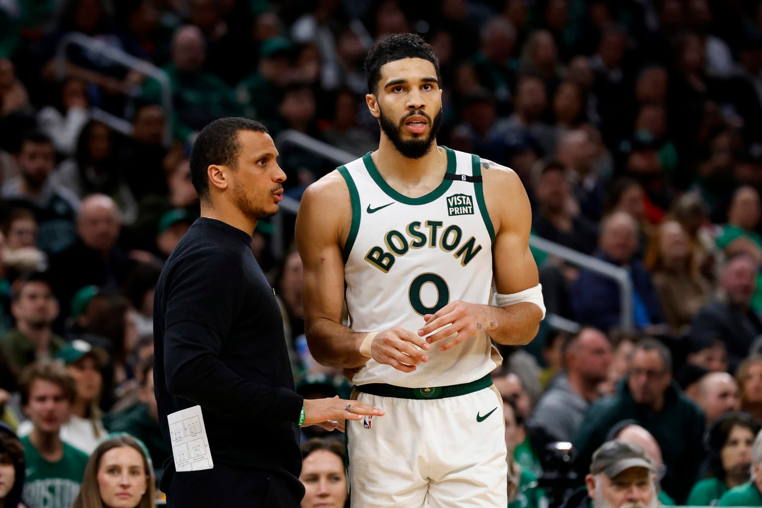 BOSTON, MA - FEBRUARY 09: Boston Celtics head coach Joe Mazzulla talks with Jayson Tatum #0 during the second half of their win over the Washington Wizards at TD Garden on February 9, 2024 in Boston, Massachusetts. NOTE TO USER: User expressly acknowledges and agrees that, by downloading and/or using this Photograph, user is consenting to the terms and conditions of the Getty Images License Agreement. (Photo By Winslow Townson/Getty Images) BOSTON, MA - FEBRUARY 09: Boston Celtics head coach Joe Mazzulla talks with Jayson Tatum #0 during the second half of their win over the Washington Wizards at TD Garden on February 9, 2024 in Boston, Massachusetts. NOTE TO USER: User expressly acknowledges and agrees that, by downloading and/or using this Photograph, user is consenting to the terms and conditions of the Getty Images License Agreement. (Photo By Winslow Townson/Getty Images)