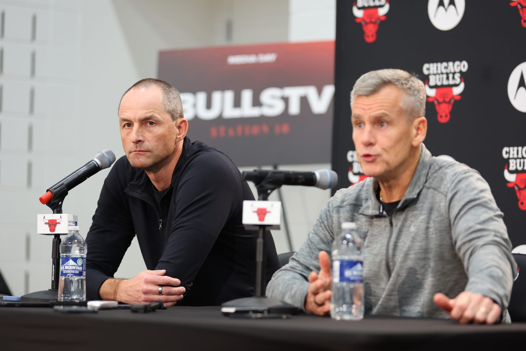 CHICAGO, ILLINOIS - OCTOBER 02: Executive Vice President of Basketball Operations Arturas Karnisovas of the Chicago Bulls looks on as head coach Billy Donovan answers questions from reporters during Media Day at Advocate Center on October 02, 2023 in Chicago, Illinois. (Photo by Michael Reaves/Getty Images)