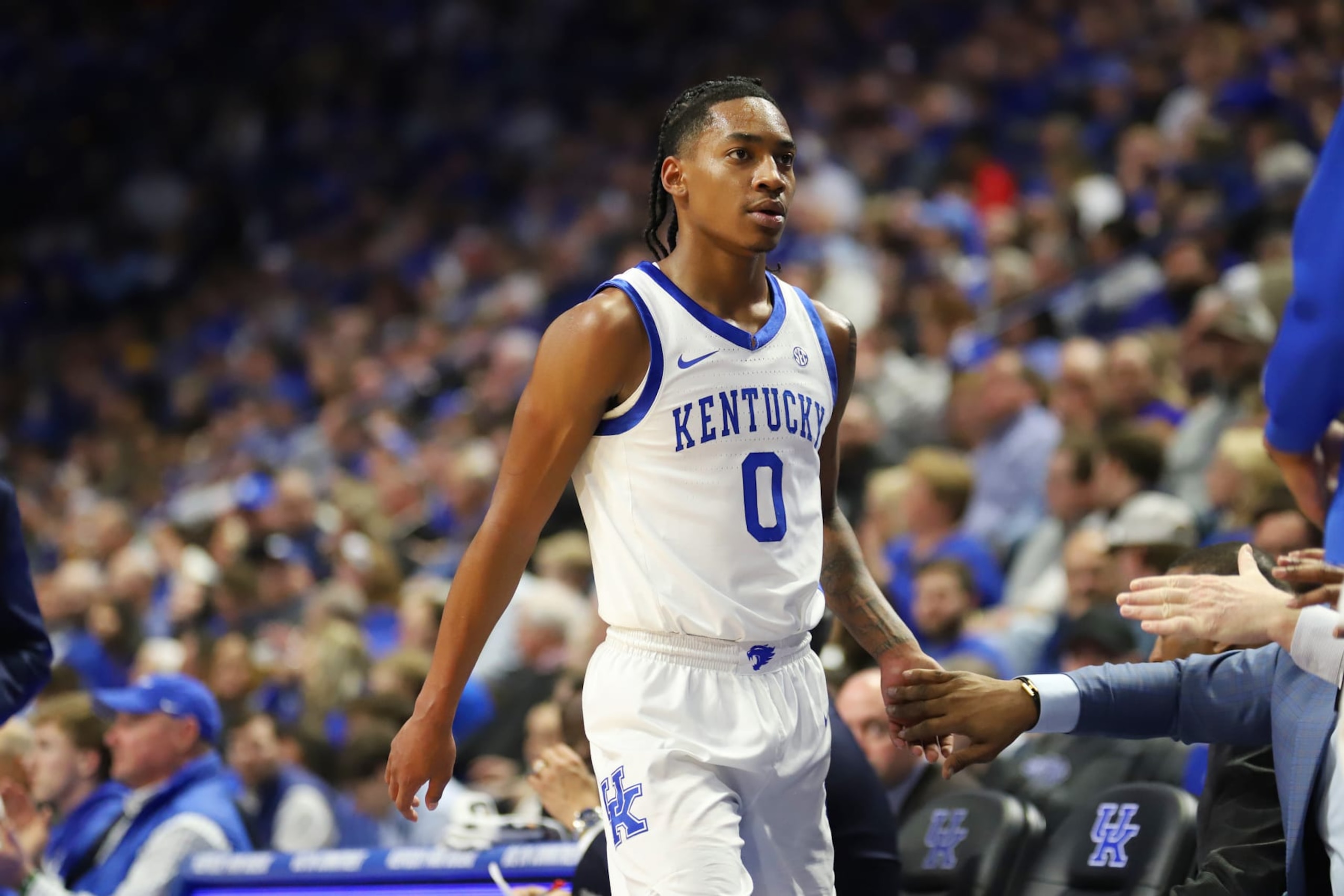 LEXINGTON, KY - FEBRUARY 13: Kentucky Wildcats guard Rob Dillingham (0) in a game between the Ole Miss Rebels and the Kentucky Wildcats on February 13, 2024, at Rupp Arena in Lexington, KY. (Photo by Jeff Moreland/Icon Sportswire via Getty Images)