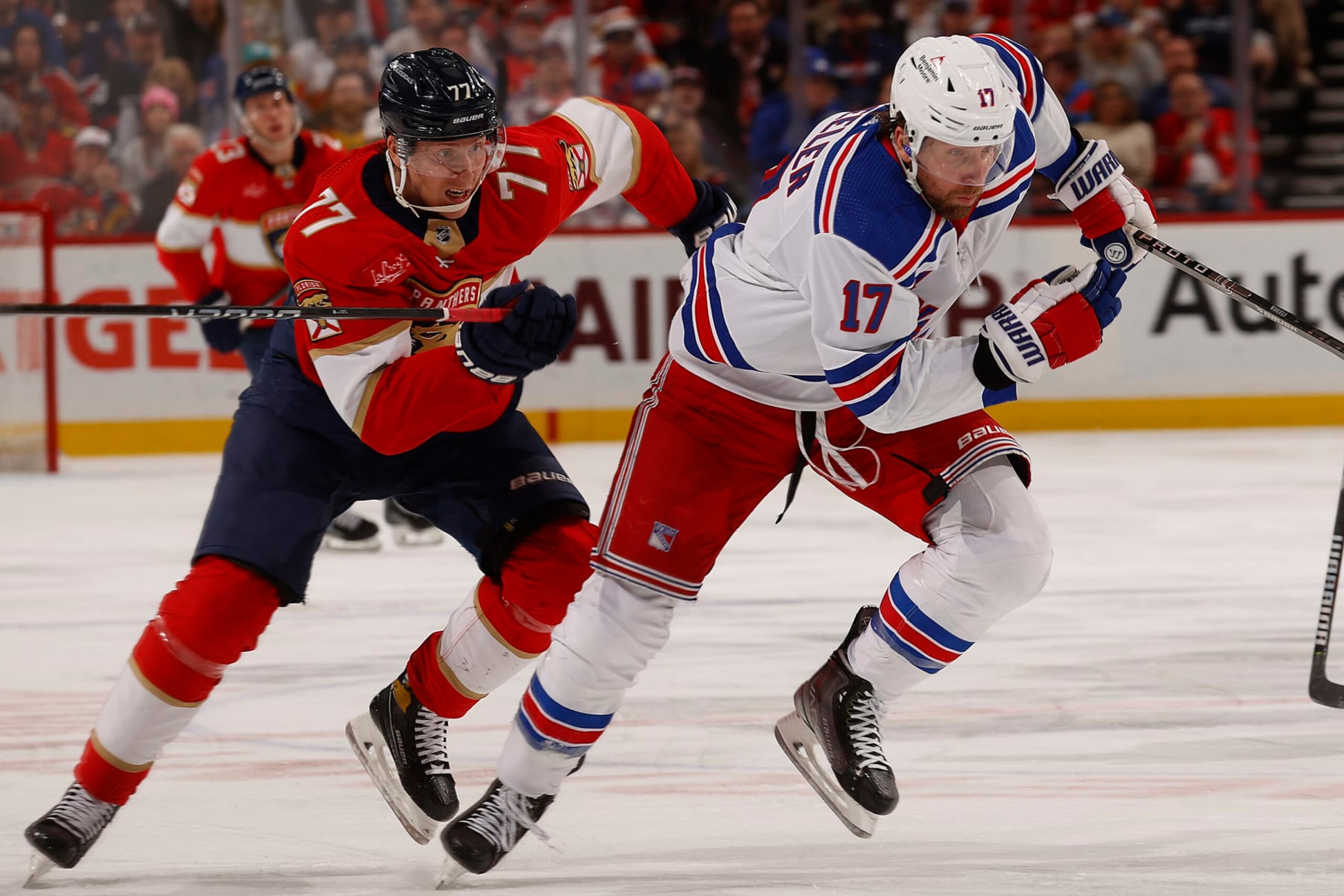 SUNRISE, FLORIDA - DECEMBER 29: Blake Wheeler #17 of the New York Rangers skates for position against Niko Mikkola #77 of the Florida Panthers at the Amerant Bank Arena on December 29, 2023 in Sunrise, Florida. (Photo by Eliot J. Schechter/NHLI via Getty Images)