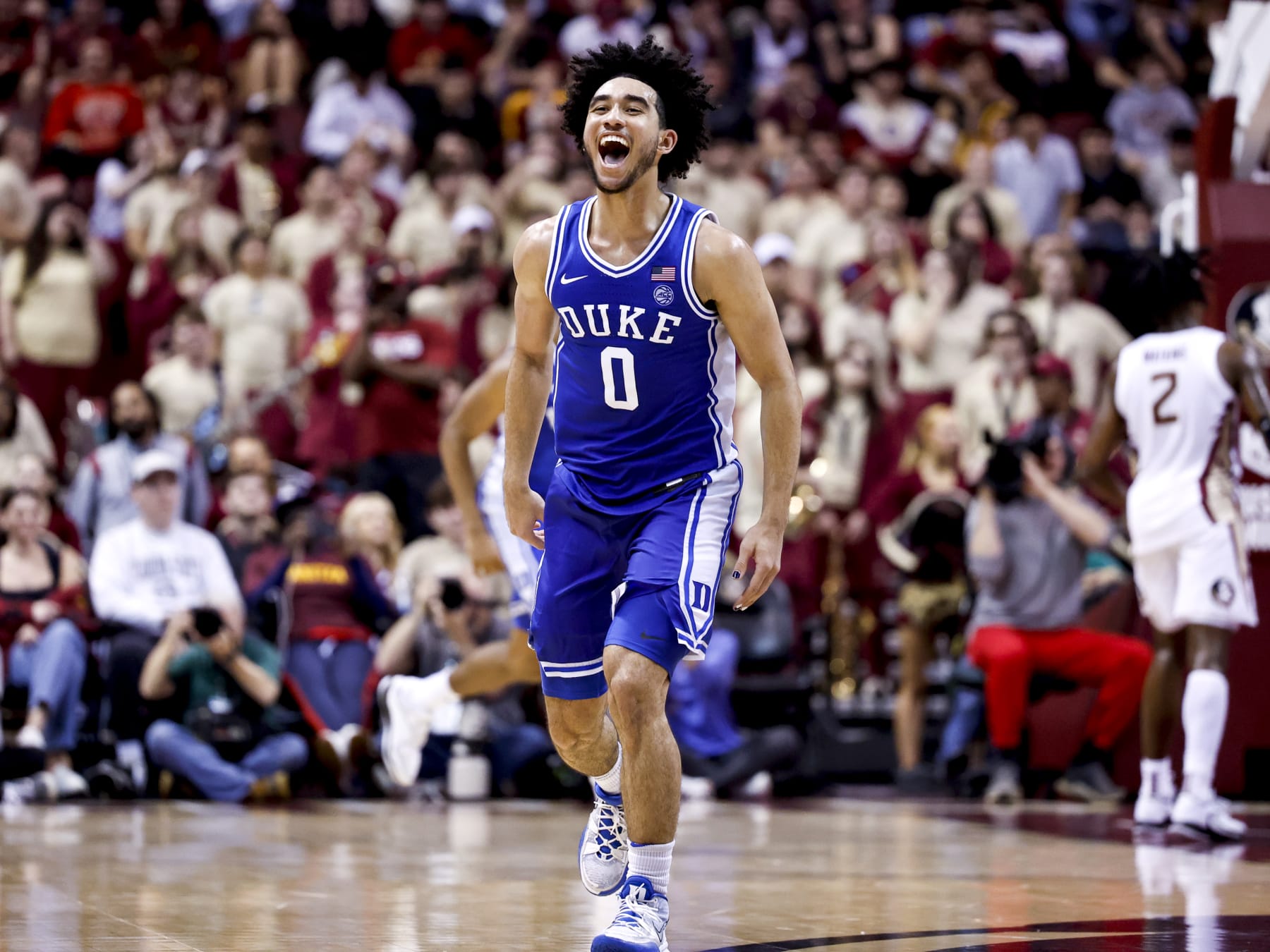 TALLAHASSEE, FL - FEBRUARY 17: Jared McCain #0 of the Duke Blue Devils celebrates after making a three-pointer during the game against the Florida State Seminoles at the Donald L. Tucker Center on February 17, 2024 in Tallahassee, Florida. The #9 ranked Blue Devils defeated the Seminoles 76 to 67. (Photo by Don Juan Moore/Getty Images)