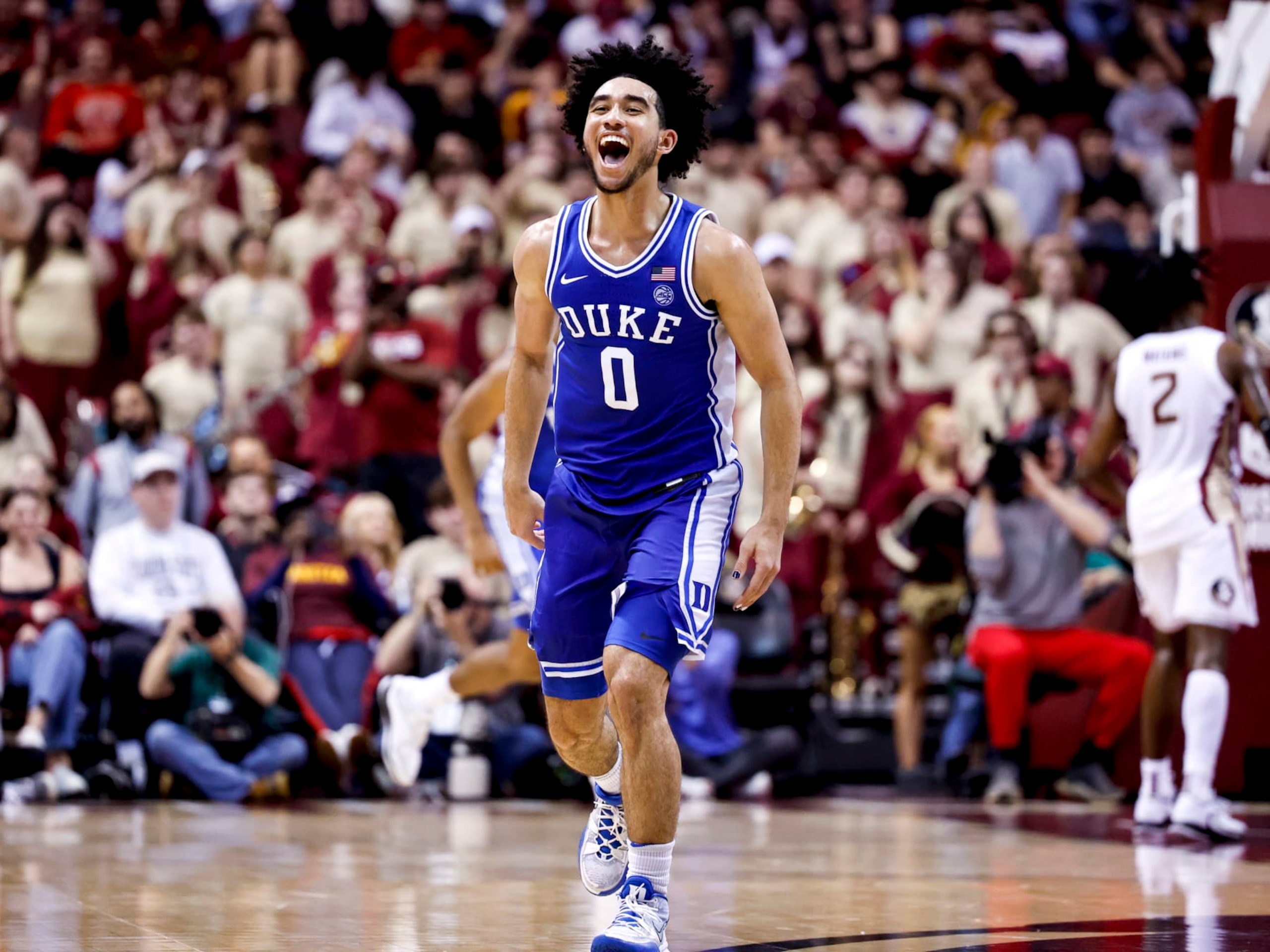 TALLAHASSEE, FL - FEBRUARY 17: Jared McCain #0 of the Duke Blue Devils celebrates after making a three-pointer during the game against the Florida State Seminoles at the Donald L. Tucker Center on February 17, 2024 in Tallahassee, Florida. The #9 ranked Blue Devils defeated the Seminoles 76 to 67. (Photo by Don Juan Moore/Getty Images)