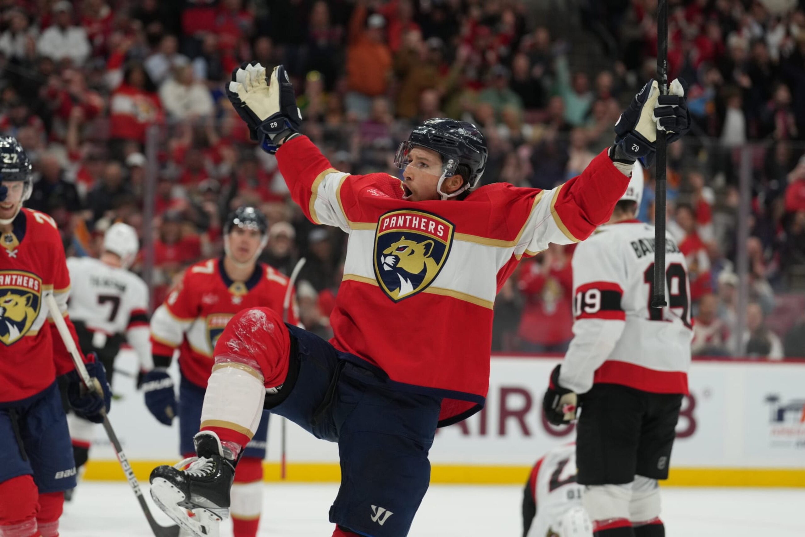 SUNRISE, FL - FEBRUARY 20: Florida Panthers defenseman Brandon Montour (62) celebrates his goal in the second period  during the game between the Ottawa Senators and the Florida Panthers on Tuesday, February 20, 2024 at Amerant Bank Arena, Sunrise, Fla.(Photo by Peter Joneleit/Icon Sportswire via Getty Images)