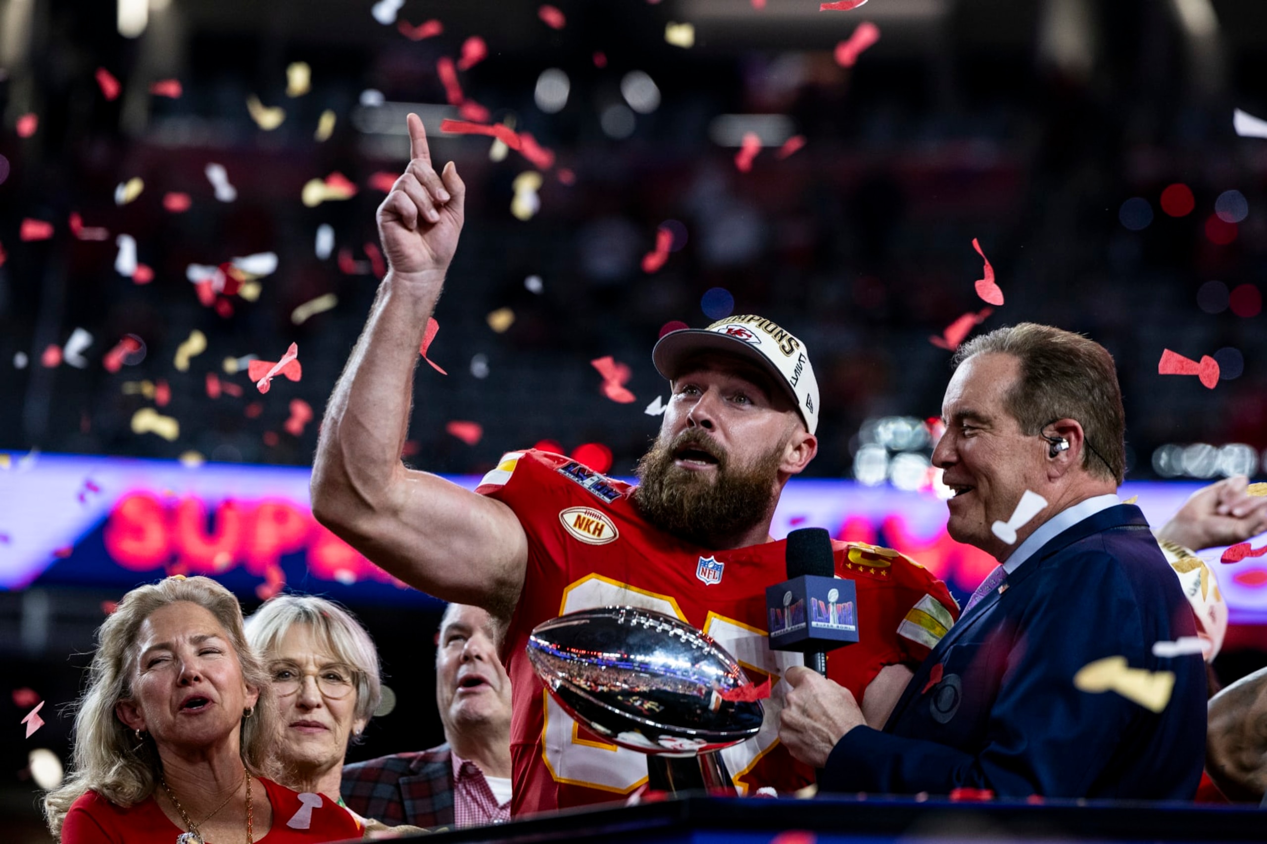 LAS VEGAS, NEVADA - FEBRUARY 11: Travis Kelce #87 of the Kansas City Chiefs celebrates after winning Super Bowl LVIII against the San Francisco 49ers at Allegiant Stadium on Sunday, February 11, 2024 in Las Vegas, Nevada. (Photo by Lauren Leigh Bacho/Getty Images)