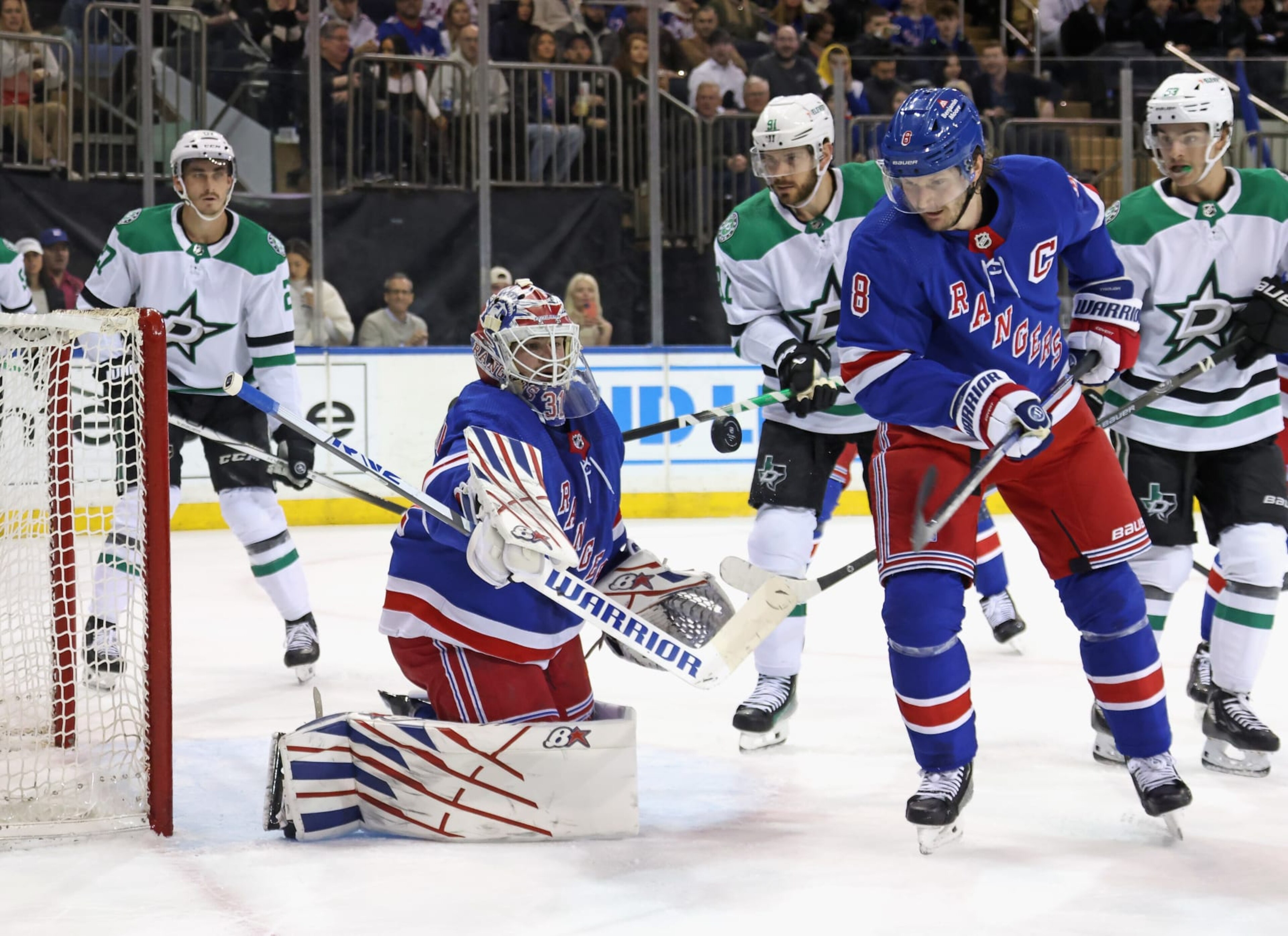 NEW YORK, NEW YORK - FEBRUARY 20: Igor Shesterkin #31 of the New York Rangers makes the stick save in the closing seconds of the first period against the Dallas Stars at Madison Square Garden on February 20, 2024 in New York City. (Photo by Bruce Bennett/Getty Images) NEW YORK, NEW YORK - FEBRUARY 20: Igor Shesterkin #31 of the New York Rangers makes the stick save in the closing seconds of the first period against the Dallas Stars at Madison Square Garden on February 20, 2024 in New York City. (Photo by Bruce Bennett/Getty Images)