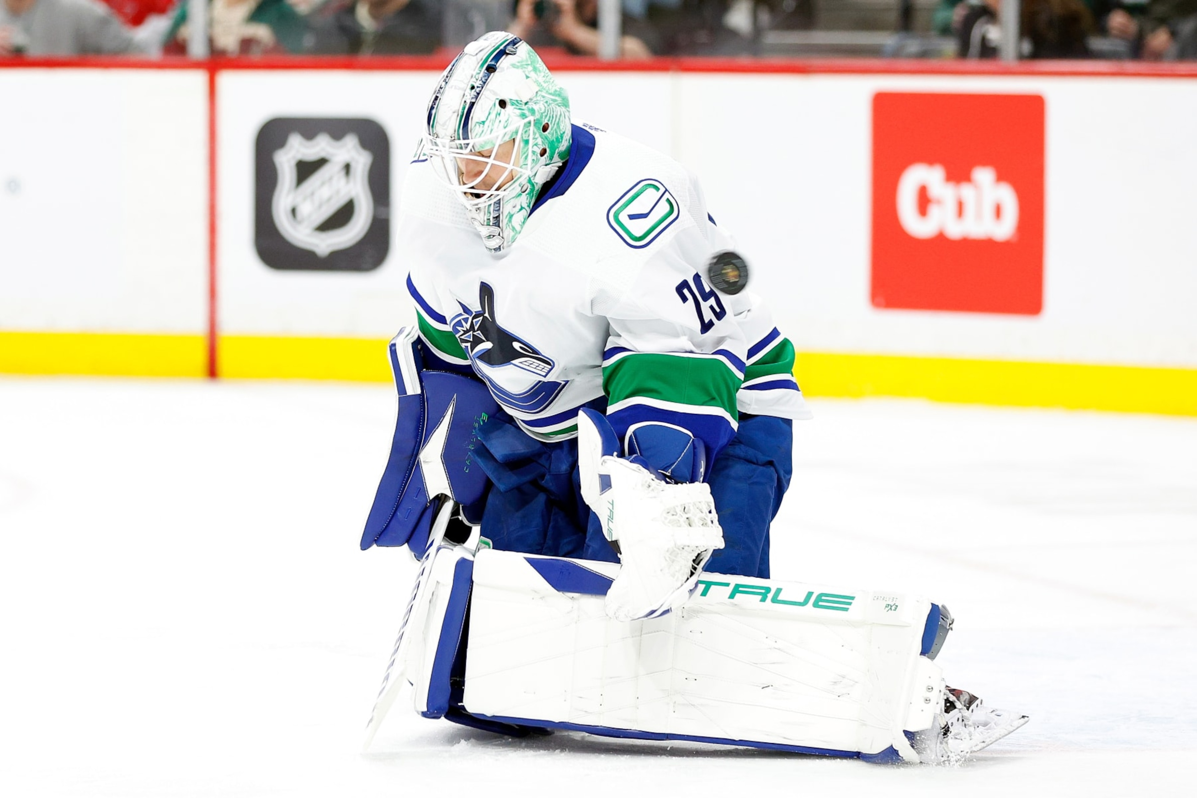 ST PAUL, MINNESOTA - FEBRUARY 19: Casey DeSmith #29 of the Vancouver Canucks has a puck shot by Matt Boldy #12 of the Minnesota Wild go past for a goal in the second period at Xcel Energy Center on February 19, 2024 in St Paul, Minnesota. (Photo by David Berding/Getty Images) ST PAUL, MINNESOTA - FEBRUARY 19: Casey DeSmith #29 of the Vancouver Canucks has a puck shot by Matt Boldy #12 of the Minnesota Wild go past for a goal in the second period at Xcel Energy Center on February 19, 2024 in St Paul, Minnesota. (Photo by David Berding/Getty Images)