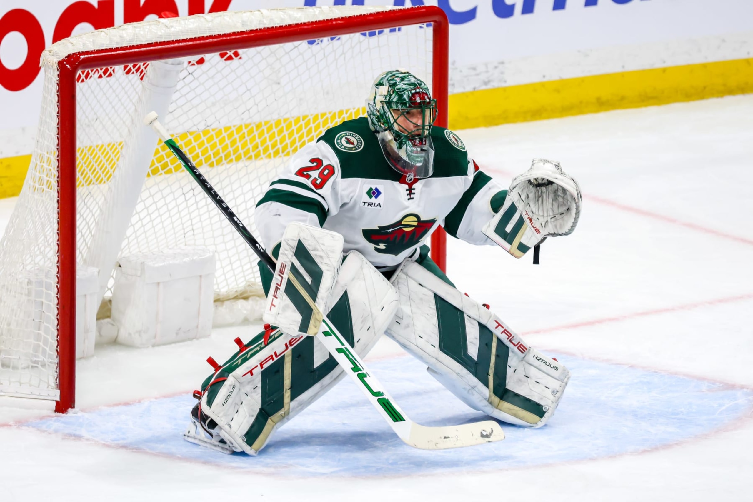 WINNIPEG, CANADA - FEBRUARY 20: Goaltender Marc-Andre Fleury #29 of the Minnesota Wild guards the net during first period action against the Winnipeg Jets at the Canada Life Centre on February 20, 2024 in Winnipeg, Manitoba, Canada. (Photo by Jonathan Kozub/NHLI via Getty Images)
