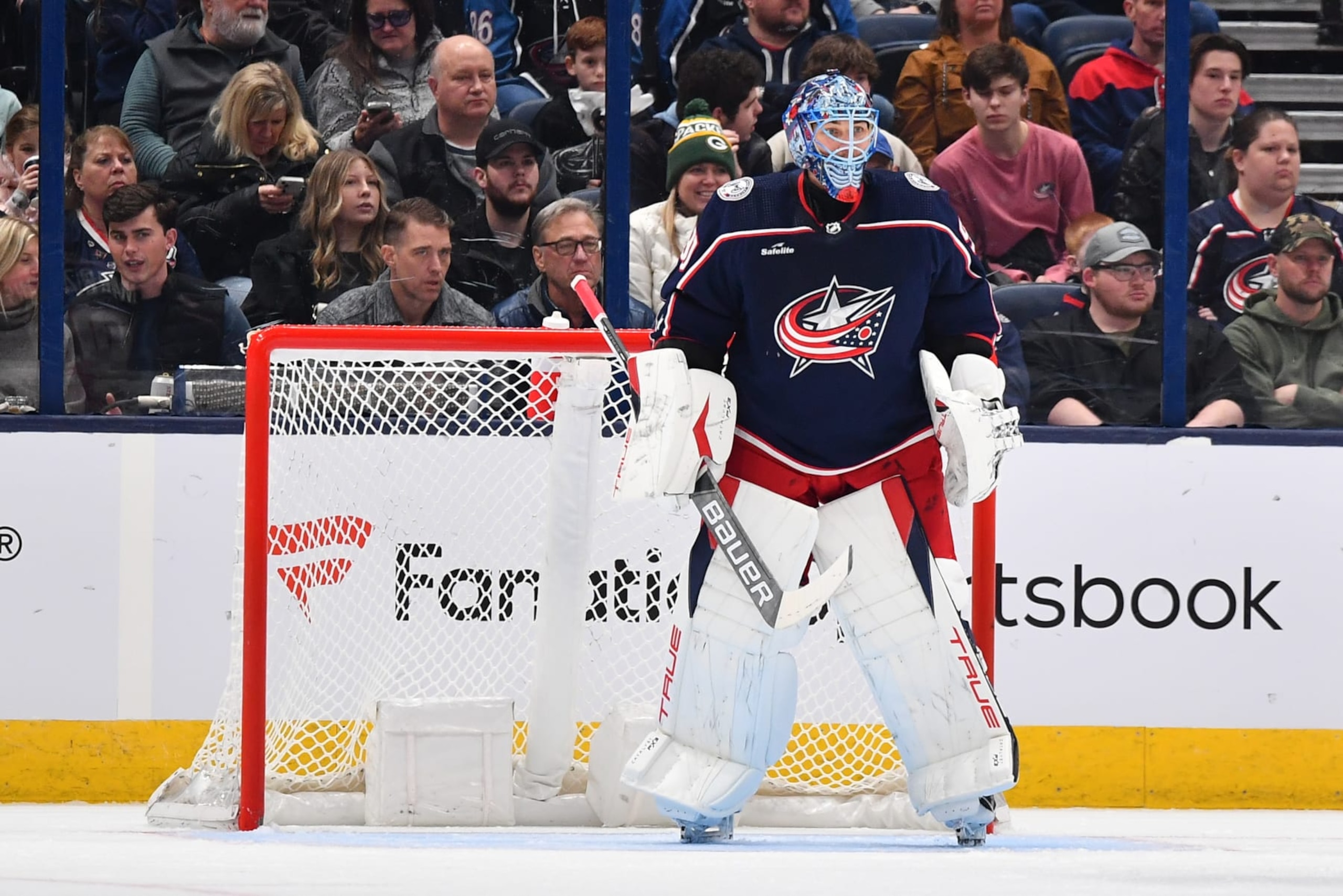 COLUMBUS, OHIO - FEBRUARY 10: Goaltender Elvis Merzlikins #90 of the Columbus Blue Jackets defends the net during the first period of a game against the Tampa Bay Lightning at Nationwide Arena on February 10, 2024 in Columbus, Ohio. (Photo by Ben Jackson/NHLI via Getty Images)