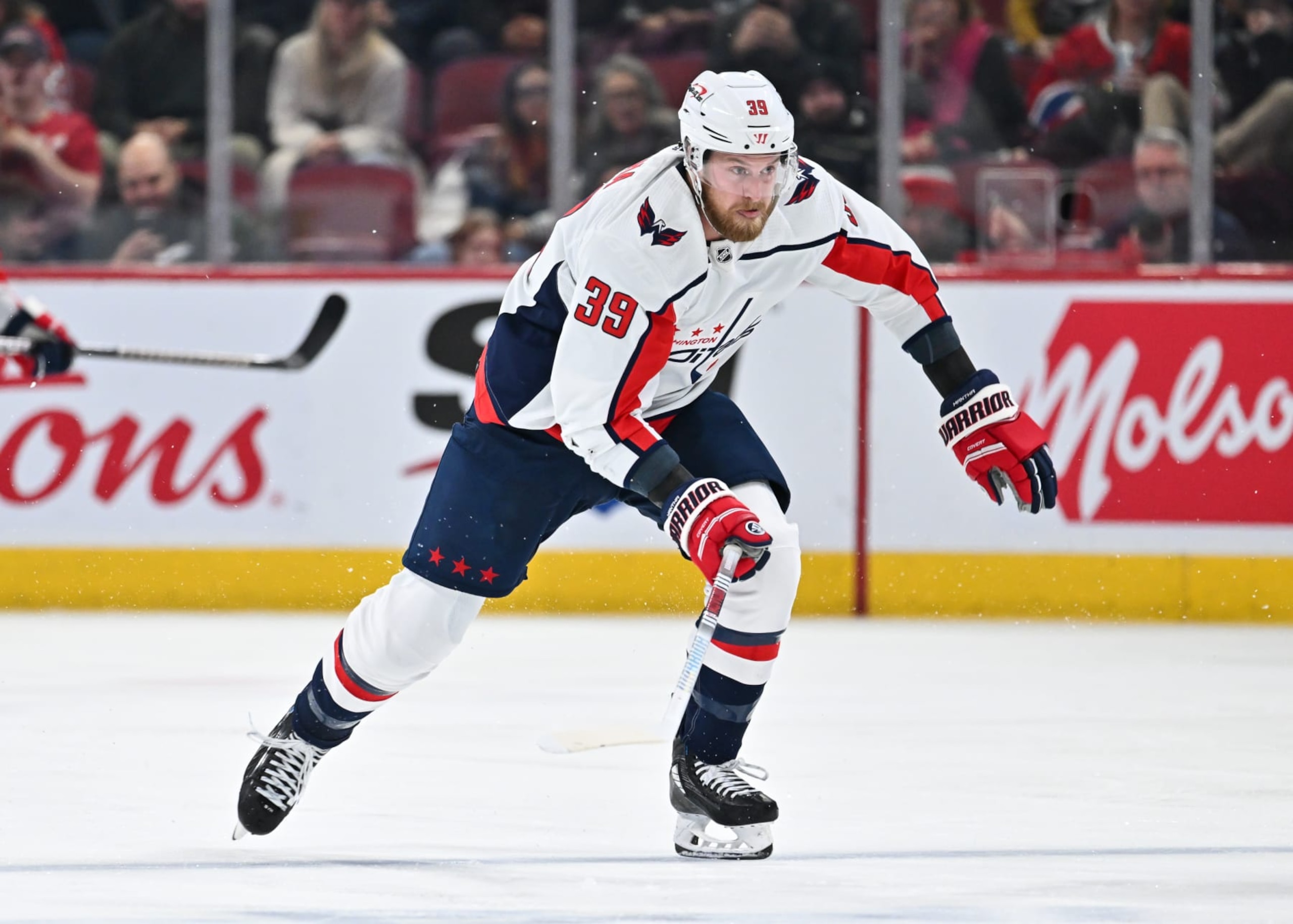 MONTREAL, CANADA - FEBRUARY 17:  Anthony Mantha #39 of the Washington Capitals skates during the third period against the Montreal Canadiens at the Bell Centre on February 17, 2024 in Montreal, Quebec, Canada.  The Washington Capitals defeated the Montreal Canadiens 4-3.  (Photo by Minas Panagiotakis/Getty Images)