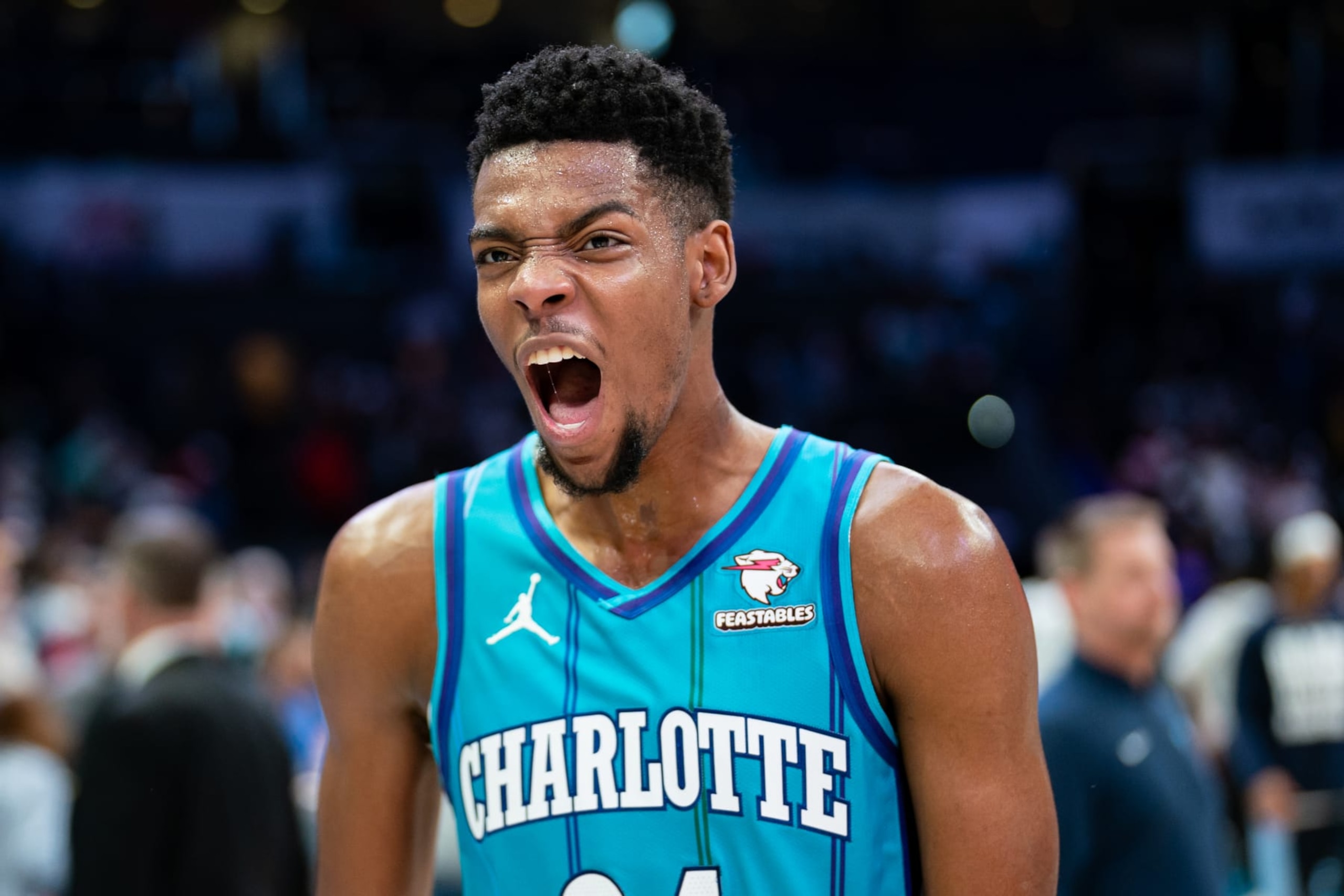 CHARLOTTE, NORTH CAROLINA - FEBRUARY 10: Brandon Miller #24 of the Charlotte Hornets reacts after defeating the Memphis Grizzlies during their game at Spectrum Center on February 10, 2024 in Charlotte, North Carolina. NOTE TO USER: User expressly acknowledges and agrees that, by downloading and or using this photograph, User is consenting to the terms and conditions of the Getty Images License Agreement. (Photo by Jacob Kupferman/Getty Images)