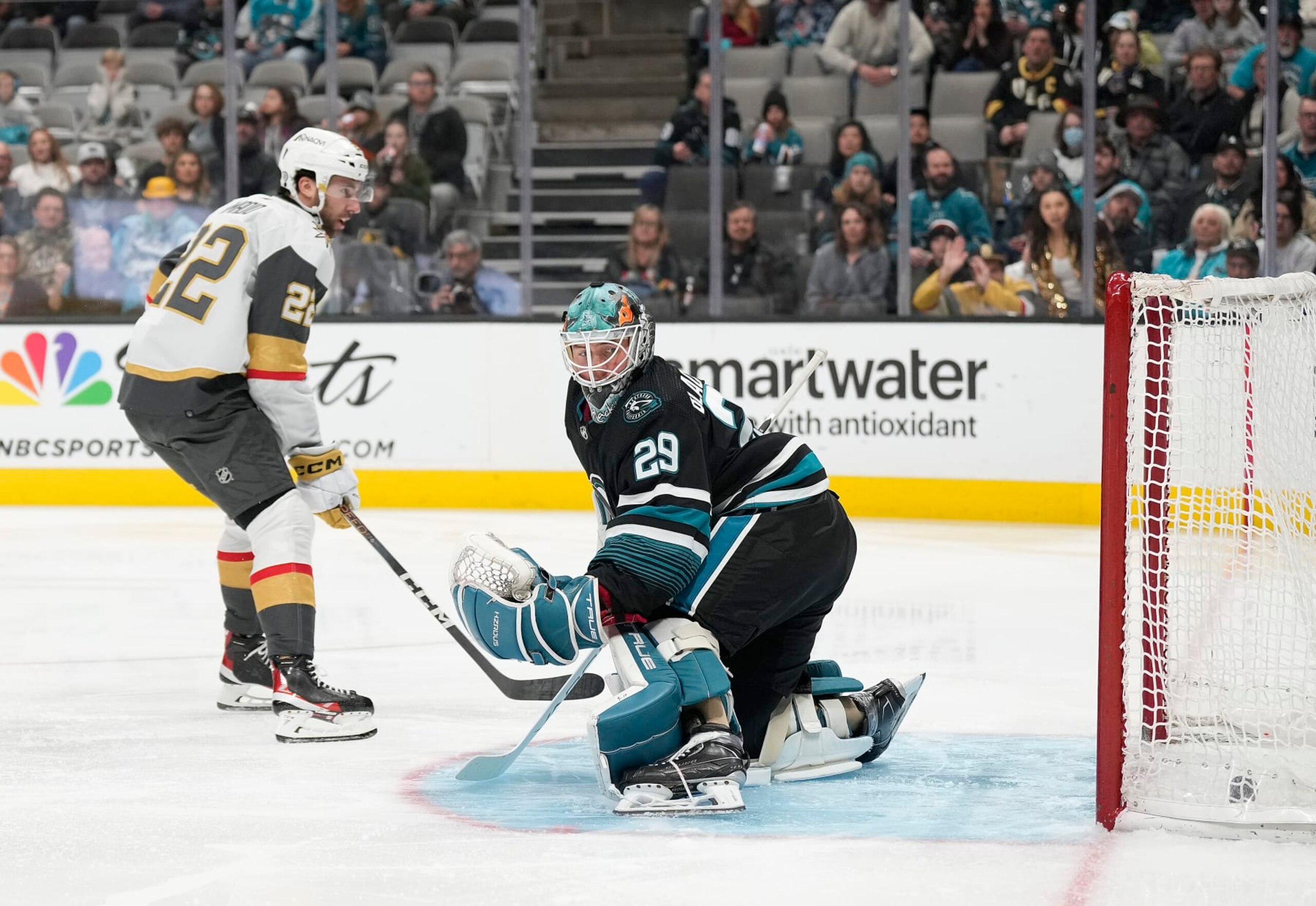 SAN JOSE, CALIFORNIA - FEBRUARY 19: Michael Amadio #22 of the Vegas Golden Knights scores a goal getting his shot past goalie Mackenzie Blackwood #29 of the San Jose Sharks during the first period of an NHL hockey game at SAP Center on February 19, 2024 in San Jose, California. (Photo by Thearon W. Henderson/Getty Images)