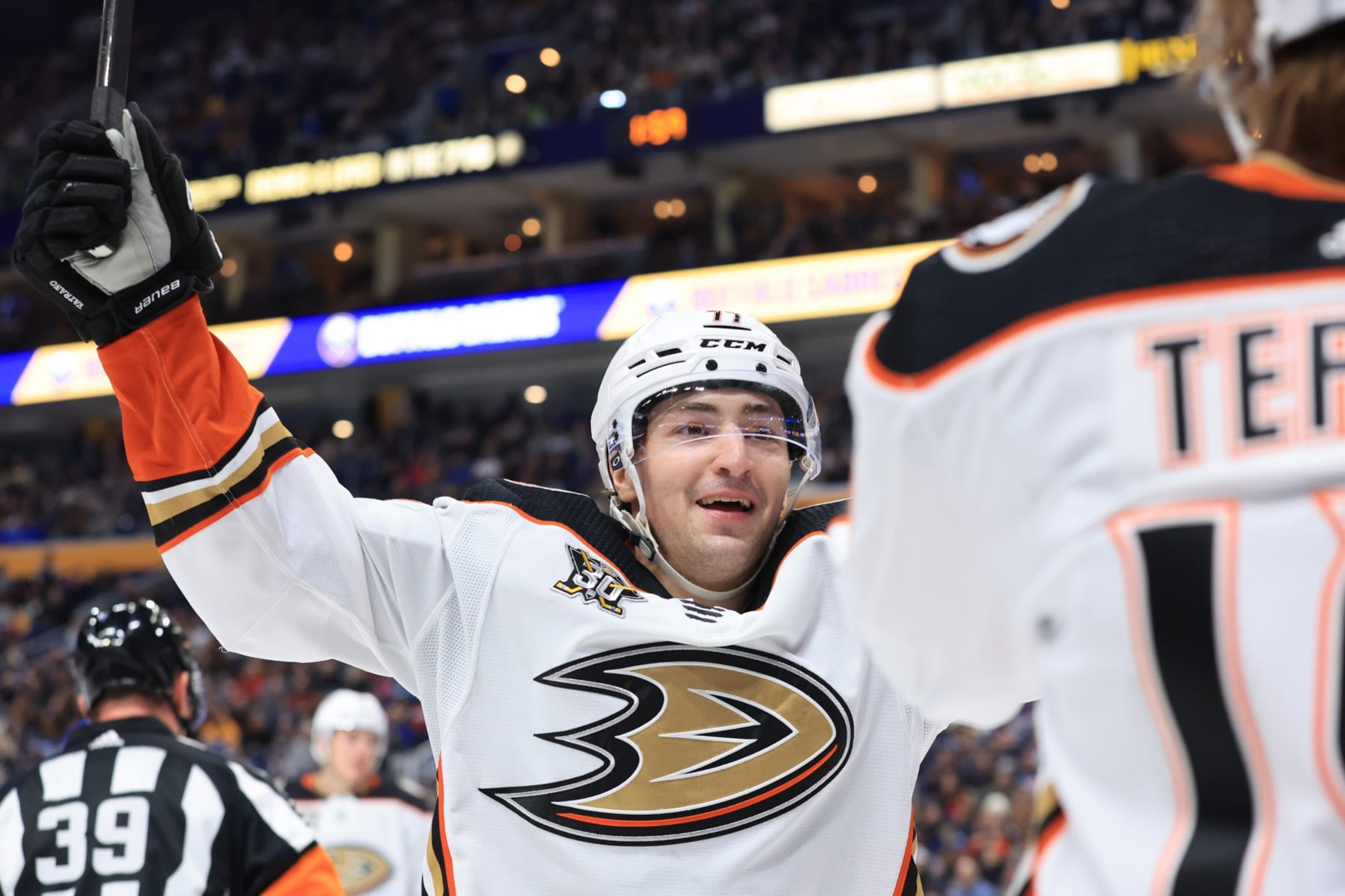BUFFALO, NEW YORK - FEBRUARY 19: Frank Vatrano #77 of the Anaheim Ducks celebrates a goal by Troy Terry #19 during an NHL game against the Buffalo Sabres on February 19, 2024 at KeyBank Center in Buffalo, New York. (Photo by Bill Wippert/NHLI via Getty Images) BUFFALO, NEW YORK - FEBRUARY 19: Frank Vatrano #77 of the Anaheim Ducks celebrates a goal by Troy Terry #19 during an NHL game against the Buffalo Sabres on February 19, 2024 at KeyBank Center in Buffalo, New York. (Photo by Bill Wippert/NHLI via Getty Images)