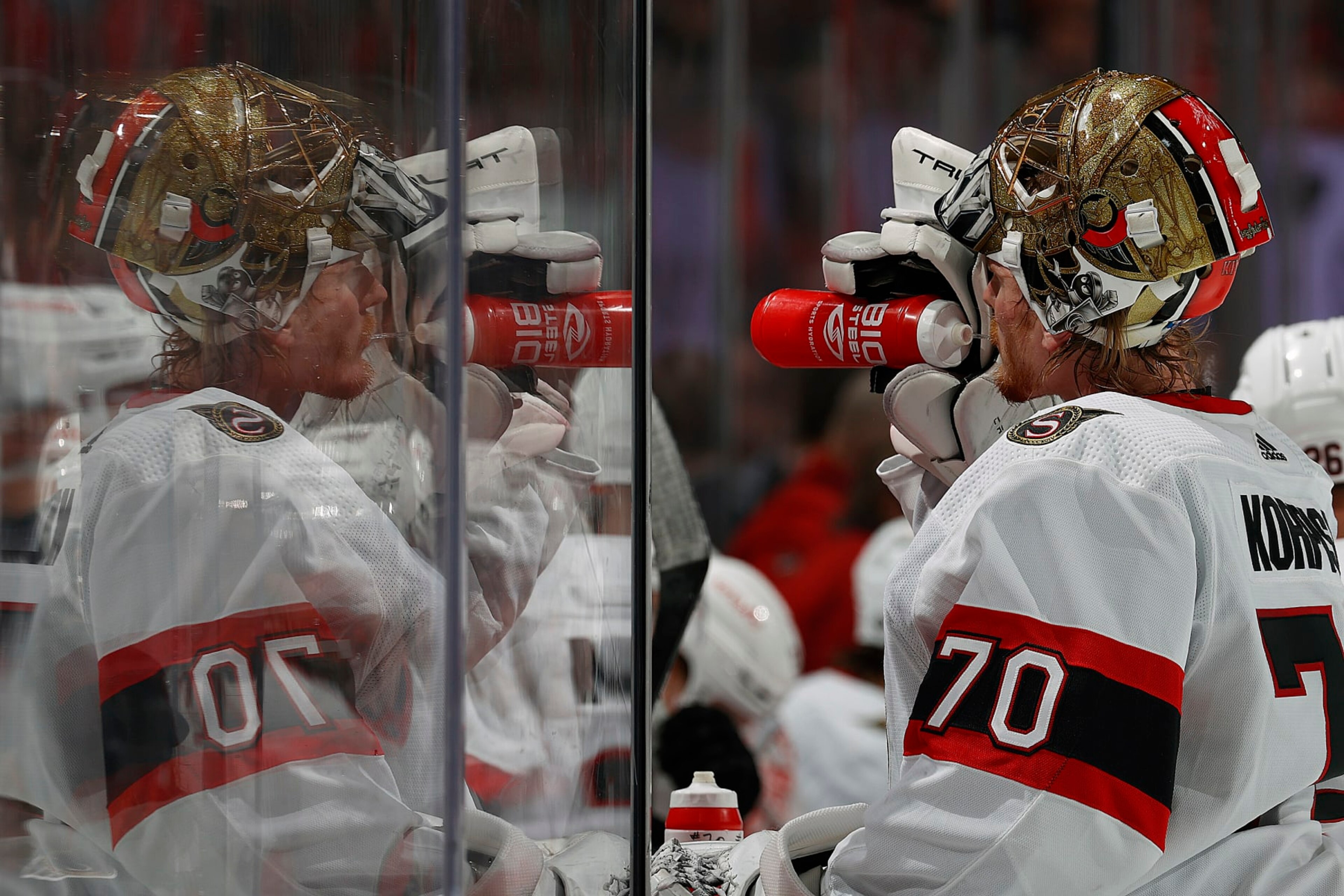 SUNRISE, FLORIDA - FEBRUARY 20: Goaltender Joonas Korpisalo #70 of the Ottawa Senators cools off during a break in the action against the Florida Panthers at the Amerant Bank Arena on February 20, 2024 in Sunrise, Florida. (Photo by Eliot J. Schechter/NHLI via Getty Images) SUNRISE, FLORIDA - FEBRUARY 20: Goaltender Joonas Korpisalo #70 of the Ottawa Senators cools off during a break in the action against the Florida Panthers at the Amerant Bank Arena on February 20, 2024 in Sunrise, Florida. (Photo by Eliot J. Schechter/NHLI via Getty Images)