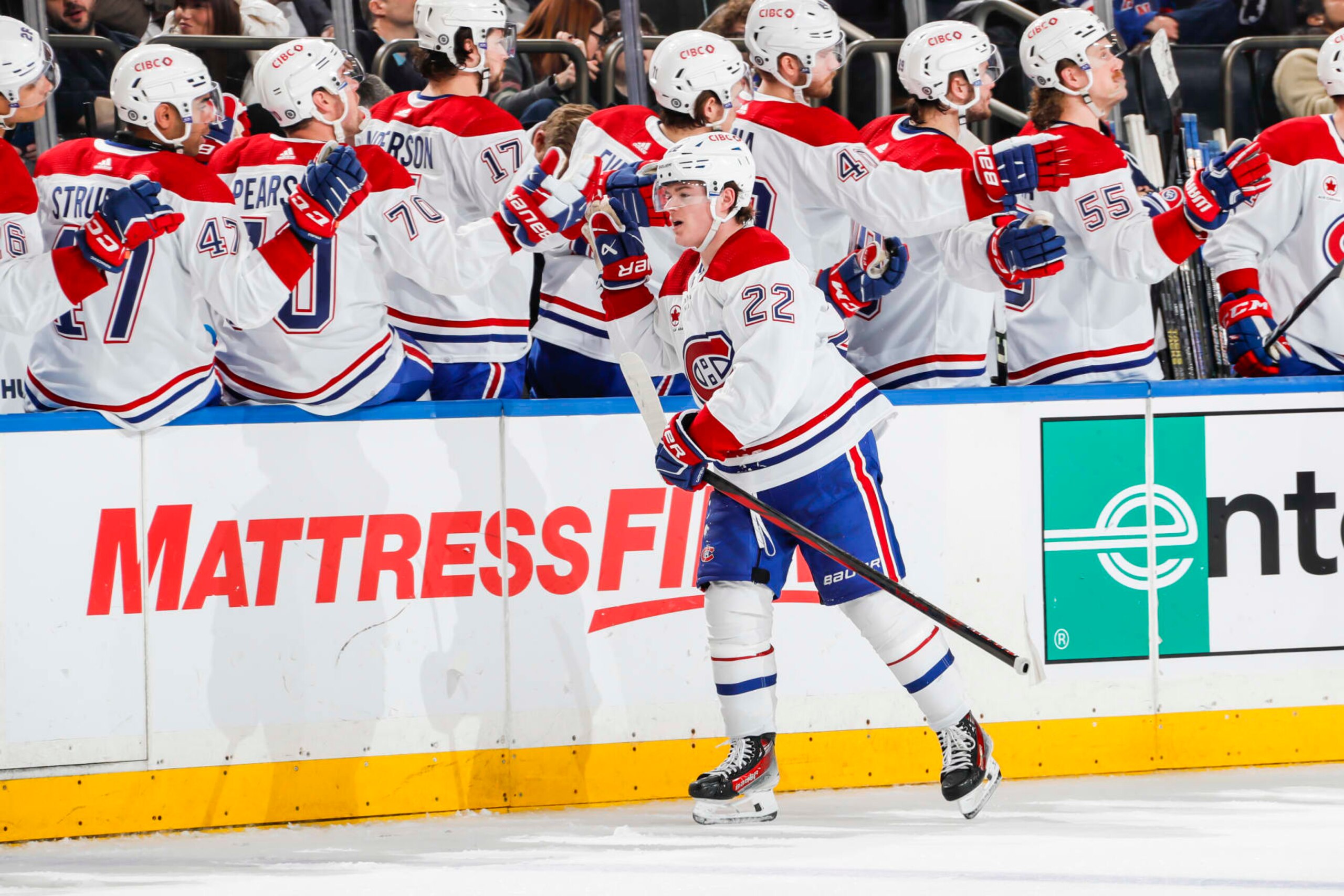 NEW YORK, NEW YORK - FEBRUARY 15: Juraj Slafkovsky #20 of the Montreal Canadiens skates down the bench after his third period goal against the New York Rangers at Madison Square Garden on February 15, 2024 in New York City. (Photo by Jared Silber/NHLI via Getty Images)