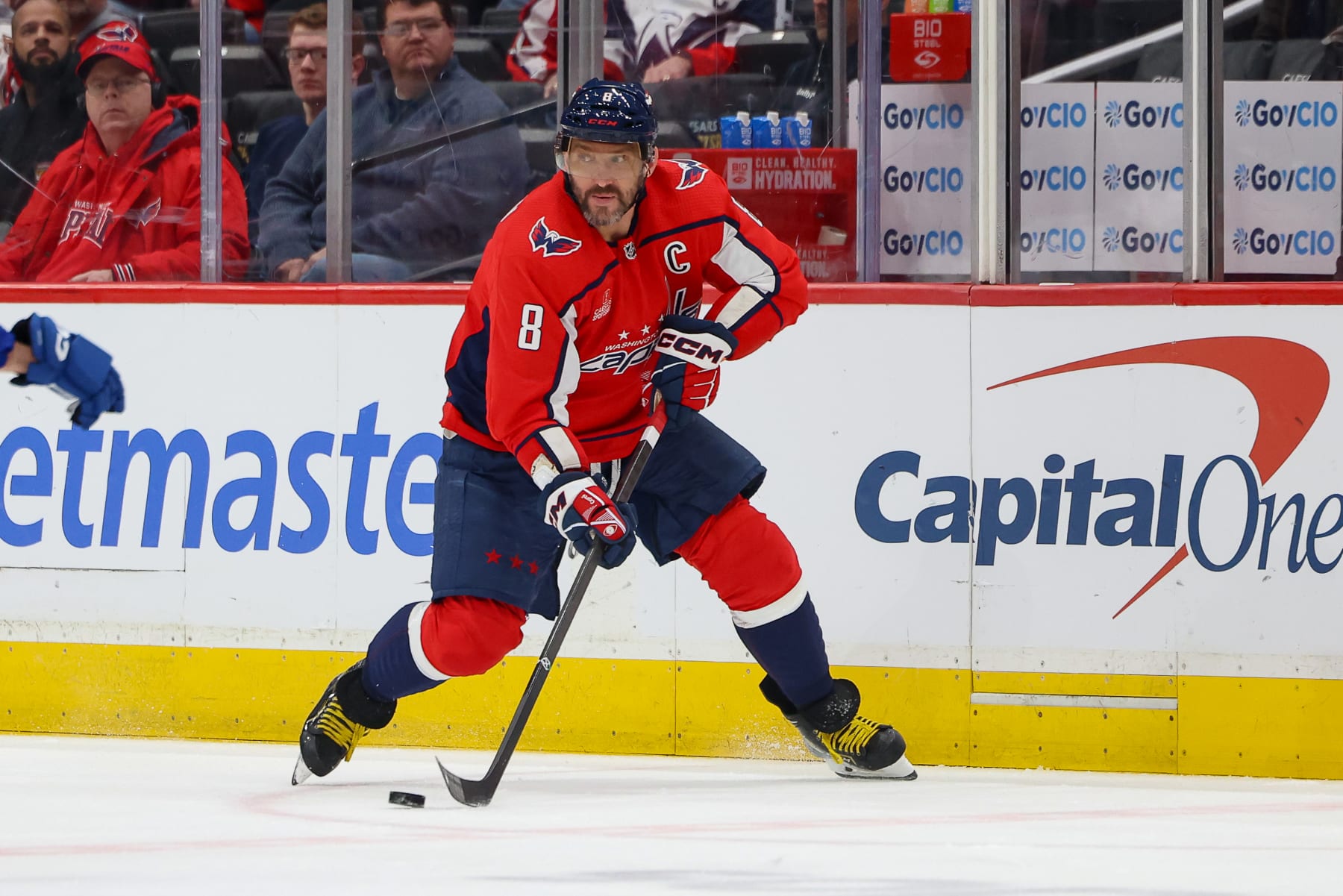 WASHINGTON, DC - FEBRUARY 11: Alex Ovechkin #8 of the Washington Capitals controls the puck during a game against the Vancouver Canucks at Capital One Arena on February 11, 2024 in Washington, D.C. (Photo by John McCreary/NHLI via Getty Images)
