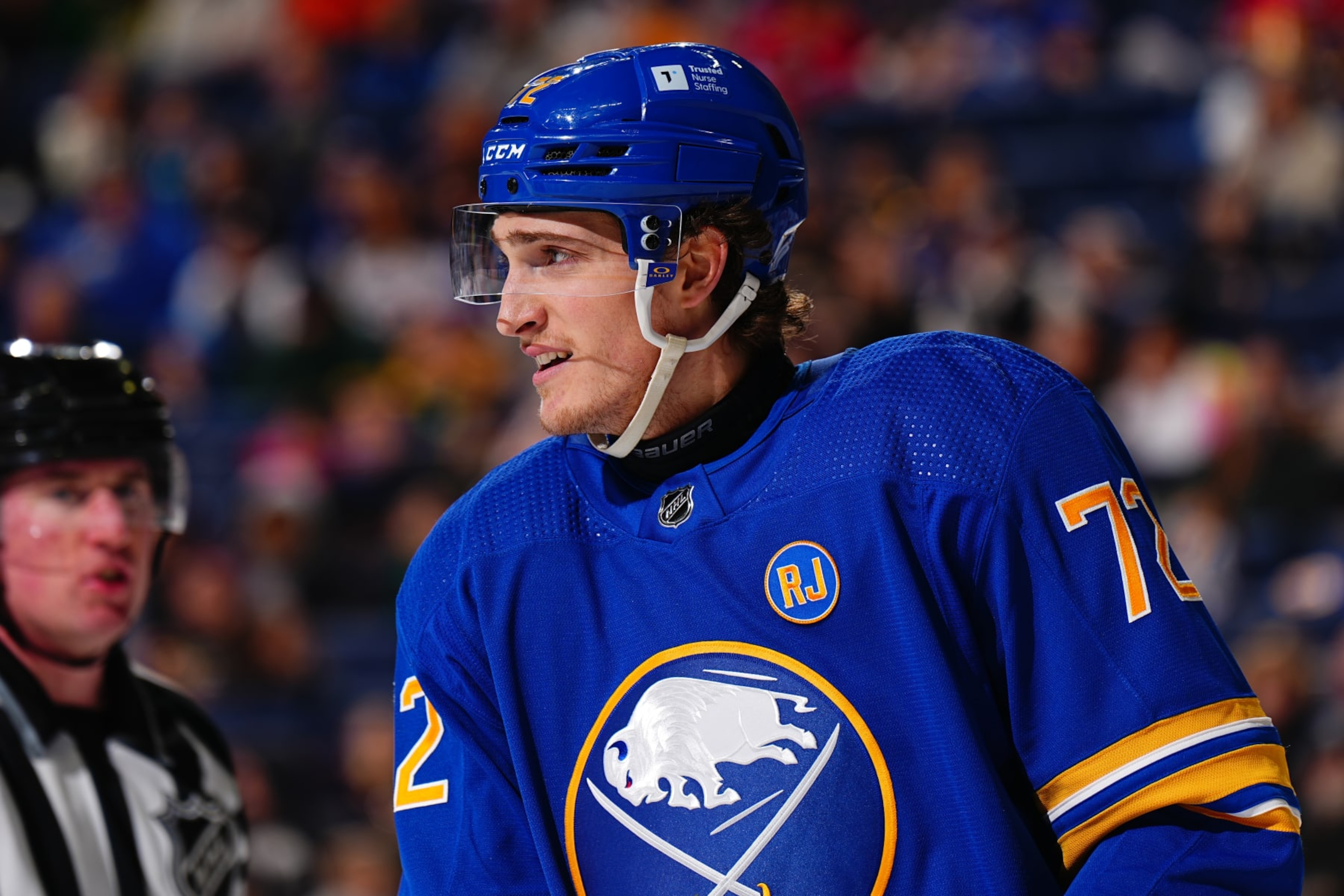 BUFFALO, NEW YORK - FEBRUARY 19: Tage Thompson #72 of the Buffalo Sabres reacts during the second period against the Anaheim Ducks during an NHL game on February 19, 2024 at KeyBank Center in Buffalo, New York. (Photo by Ben Ludeman/NHLI via Getty Images) BUFFALO, NEW YORK - FEBRUARY 19: Tage Thompson #72 of the Buffalo Sabres reacts during the second period against the Anaheim Ducks during an NHL game on February 19, 2024 at KeyBank Center in Buffalo, New York. (Photo by Ben Ludeman/NHLI via Getty Images)