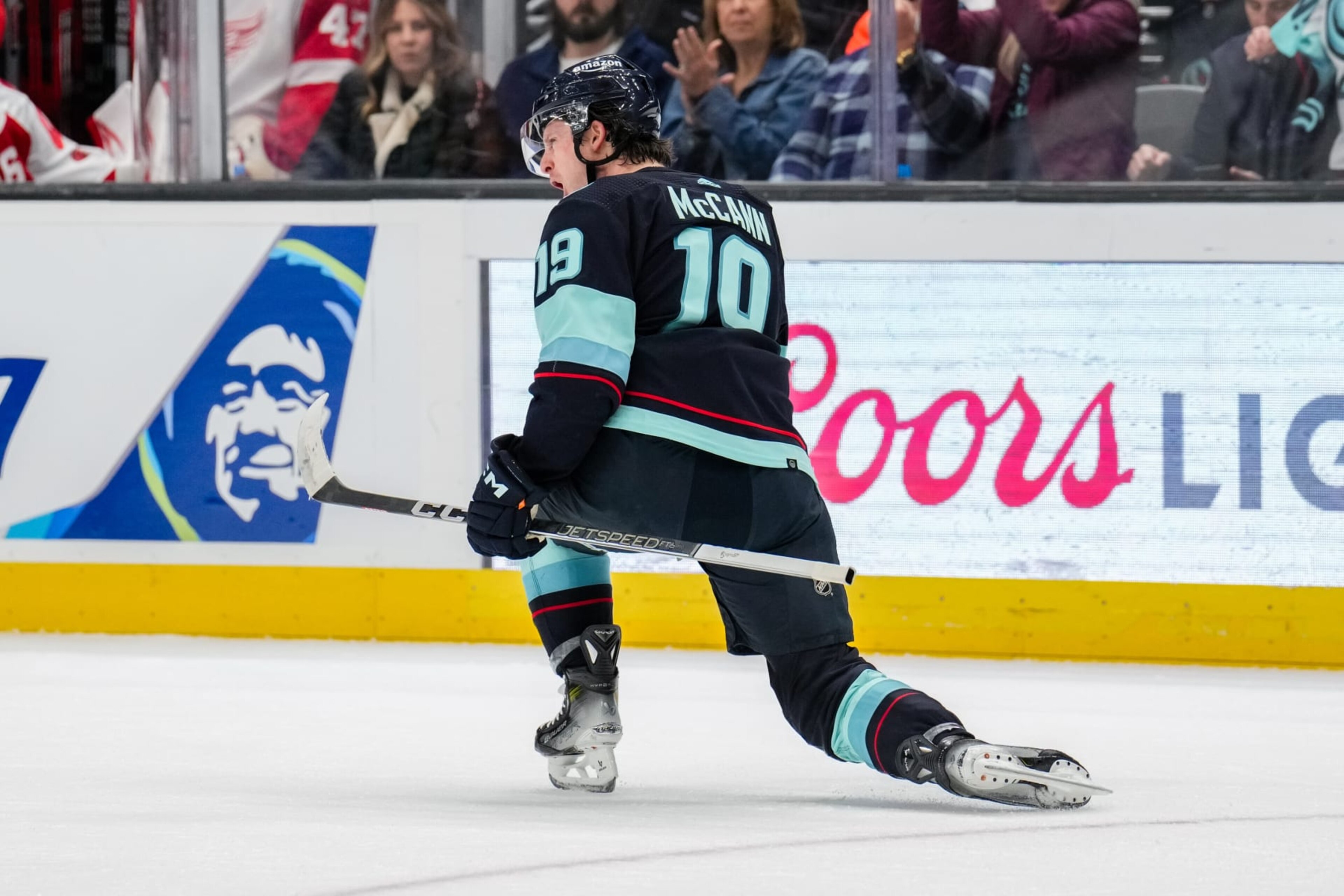 SEATTLE, WASHINGTON - FEBRUARY 19: Jared McCann #19 of the Seattle Kraken celebrates after scoring goal during the first period of a game against the Detroit Red Wings at Climate Pledge Arena on February 19, 2024 in Seattle, Washington. (Photo by Christopher Mast/NHLI via Getty Images) SEATTLE, WASHINGTON - FEBRUARY 19: Jared McCann #19 of the Seattle Kraken celebrates after scoring goal during the first period of a game against the Detroit Red Wings at Climate Pledge Arena on February 19, 2024 in Seattle, Washington. (Photo by Christopher Mast/NHLI via Getty Images)