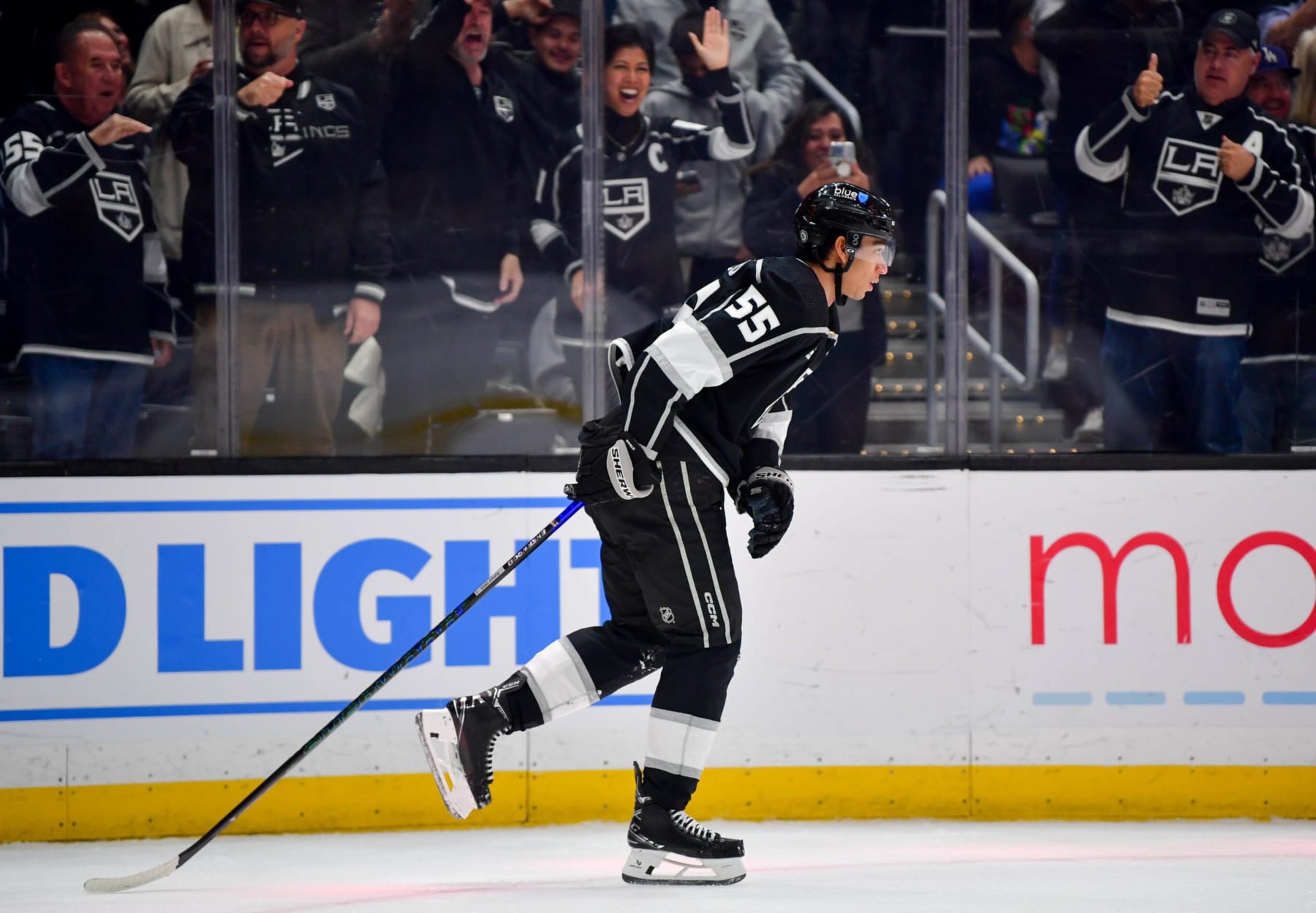LOS ANGELES, CA - FEBRUARY 20: Quinton Byfield #55 of the Los Angeles Kings celebrates his goal with teammates during the first period against the Columbus Blue Jackets at Crypto.com Arena on February 20, 2024 in Los Angeles, California. (Photo by Gary A. Vasquez/NHLI via Getty Images) LOS ANGELES, CA - FEBRUARY 20: Quinton Byfield #55 of the Los Angeles Kings celebrates his goal with teammates during the first period against the Columbus Blue Jackets at Crypto.com Arena on February 20, 2024 in Los Angeles, California. (Photo by Gary A. Vasquez/NHLI via Getty Images)