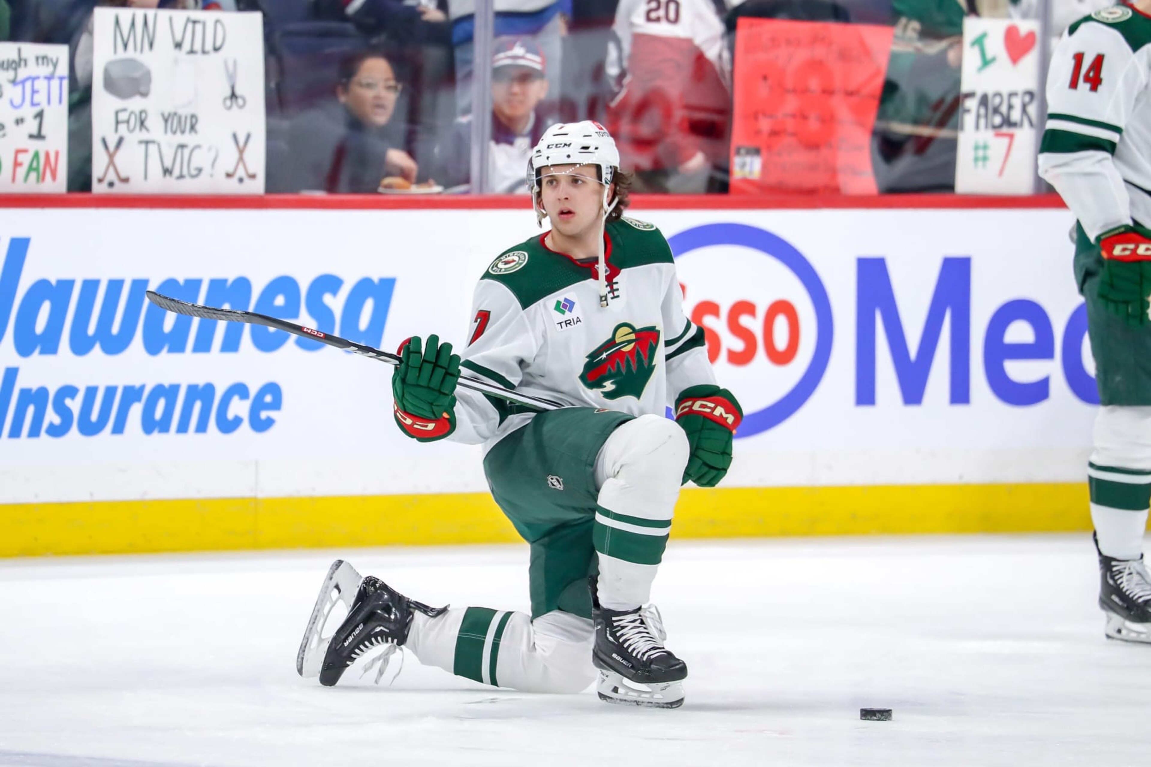 WINNIPEG, CANADA - FEBRUARY 20: Brock Faber #7 of the Minnesota Wild takes part in the pre-game warm up prior to NHL action against the Winnipeg Jets on Black History Night at the Canada Life Centre on February 20, 2024 in Winnipeg, Manitoba, Canada. (Photo by Darcy Finley/NHLI via Getty Images) WINNIPEG, CANADA - FEBRUARY 20: Brock Faber #7 of the Minnesota Wild takes part in the pre-game warm up prior to NHL action against the Winnipeg Jets on Black History Night at the Canada Life Centre on February 20, 2024 in Winnipeg, Manitoba, Canada. (Photo by Darcy Finley/NHLI via Getty Images)