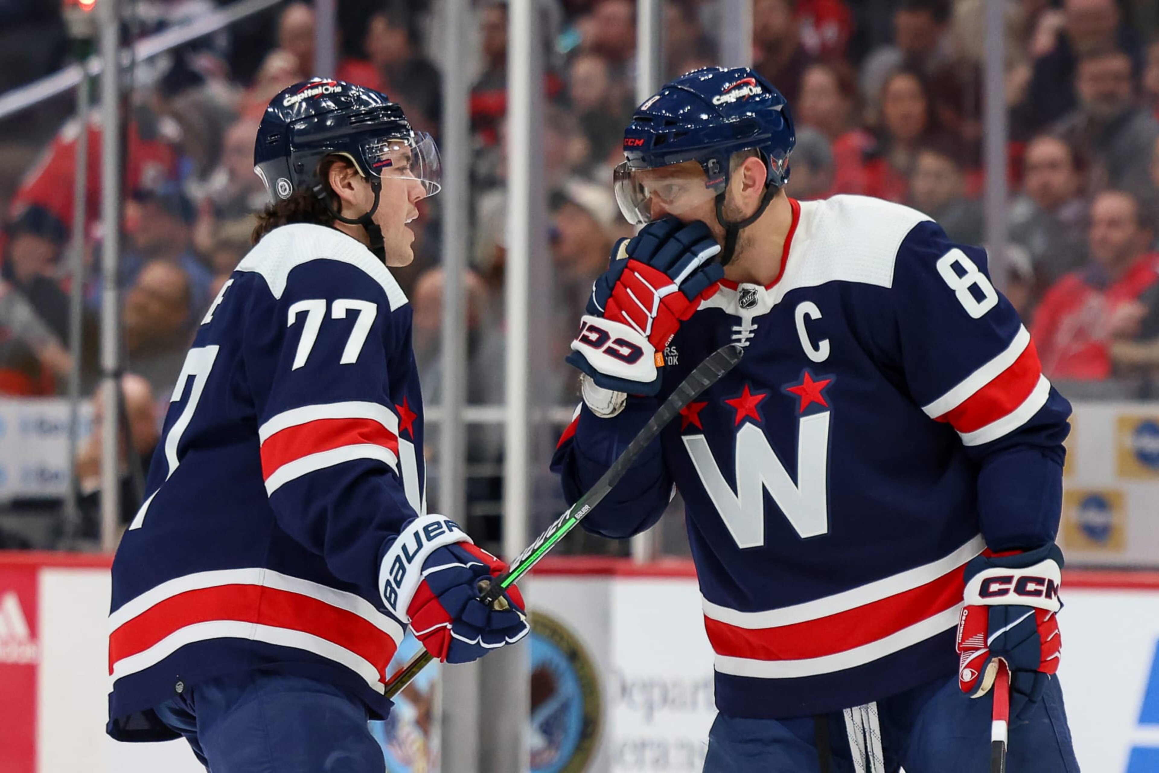 WASHINGTON, DC - FEBRUARY 20: Alex Ovechkin #8 and T.J. Oshie #77 of the Washington Capitals go over a face-off plan during a game against the New Jersey Devils at Capital One Arena on February 20, 2024 in Washington, D.C. (Photo by John McCreary/NHLI via Getty Images) WASHINGTON, DC - FEBRUARY 20: Alex Ovechkin #8 and T.J. Oshie #77 of the Washington Capitals go over a face-off plan during a game against the New Jersey Devils at Capital One Arena on February 20, 2024 in Washington, D.C. (Photo by John McCreary/NHLI via Getty Images)