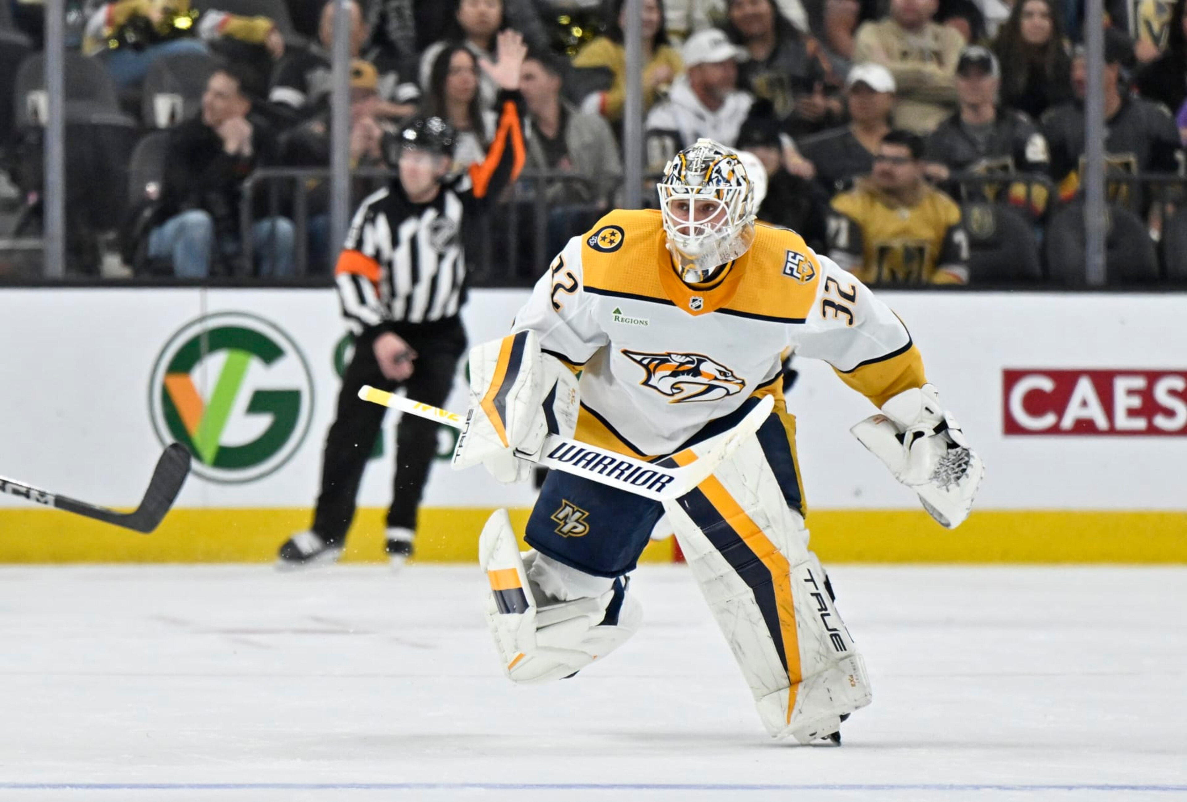 LAS VEGAS, NEVADA - FEBRUARY 20: Kevin Lankinen #32 of the Nashville Predators skates to the bench for an extra attacker on a delayed penalty during the second period against the Vegas Golden Knights at T-Mobile Arena on February 20, 2024 in Las Vegas, Nevada. (Photo by David Becker/NHLI via Getty Images) LAS VEGAS, NEVADA - FEBRUARY 20: Kevin Lankinen #32 of the Nashville Predators skates to the bench for an extra attacker on a delayed penalty during the second period against the Vegas Golden Knights at T-Mobile Arena on February 20, 2024 in Las Vegas, Nevada. (Photo by David Becker/NHLI via Getty Images)