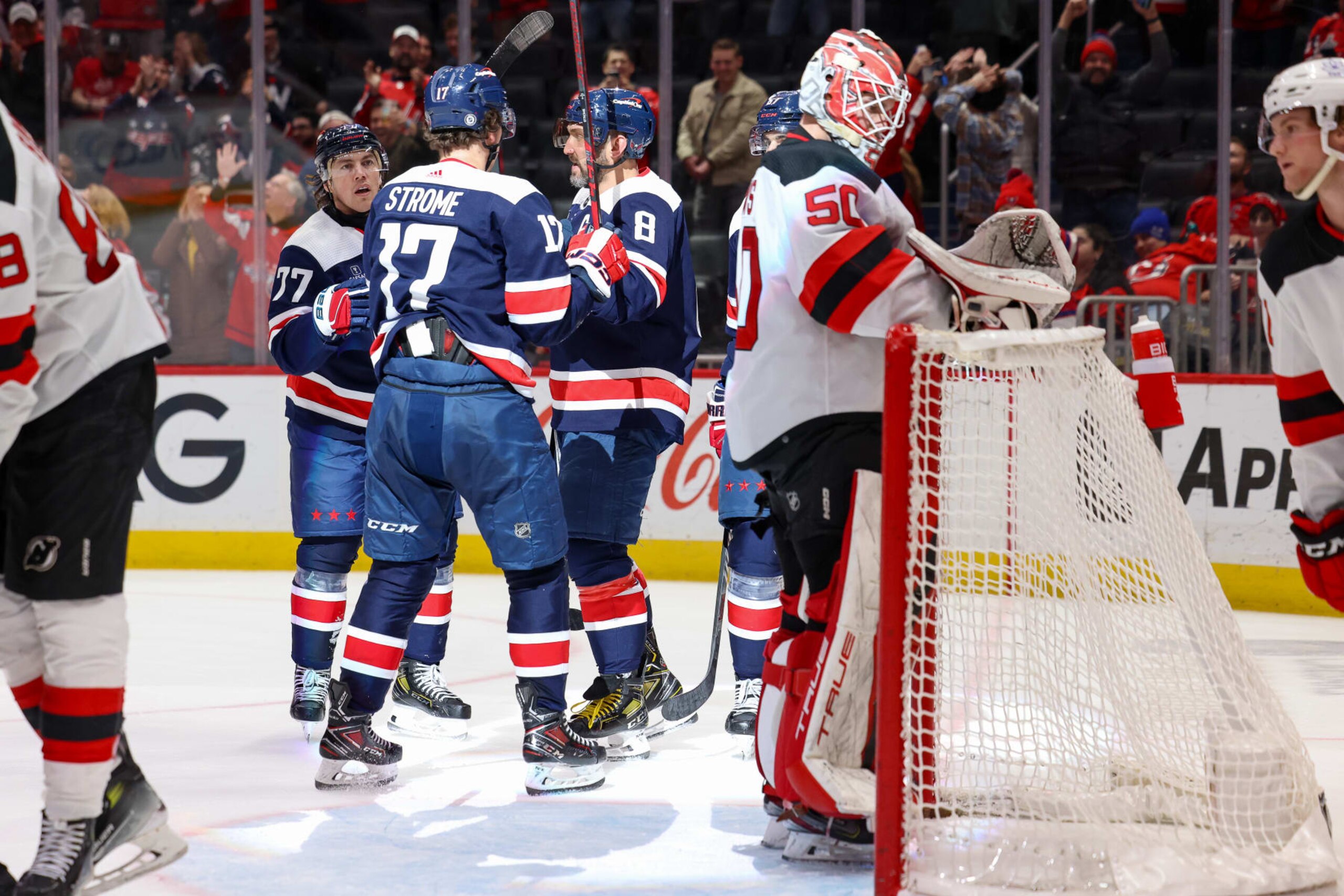 WASHINGTON, DC - FEBRUARY 20: Alex Ovechkin #8 of the Washington Capitals celebrates his second goal of the game against the New Jersey Devils Capital One Arena on February 20, 2024 in Washington, D.C. (Photo by John McCreary/NHLI via Getty Images)