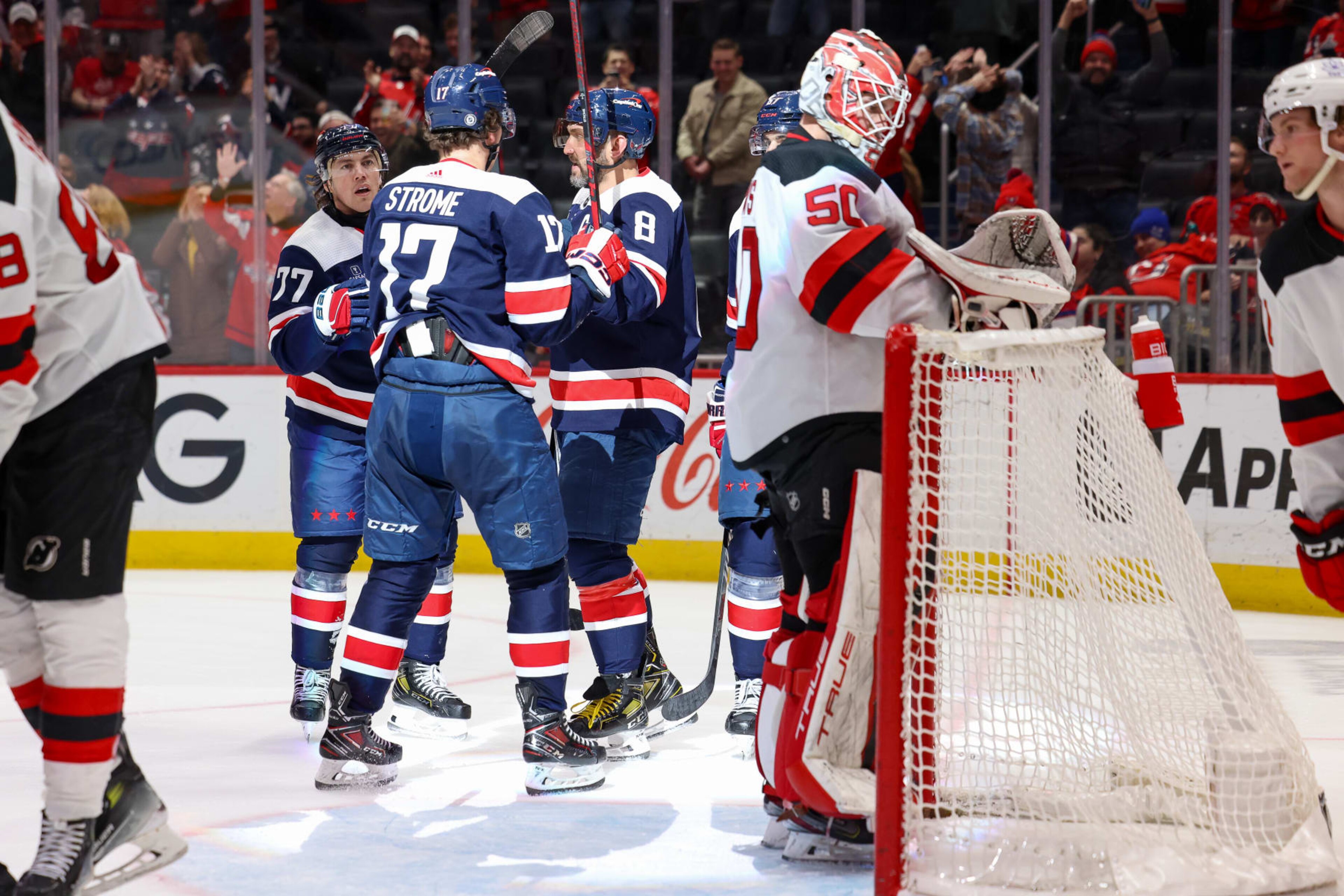 WASHINGTON, DC - FEBRUARY 20: Alex Ovechkin #8 of the Washington Capitals celebrates his second goal of the game against the New Jersey Devils Capital One Arena on February 20, 2024 in Washington, D.C. (Photo by John McCreary/NHLI via Getty Images) WASHINGTON, DC - FEBRUARY 20: Alex Ovechkin #8 of the Washington Capitals celebrates his second goal of the game against the New Jersey Devils Capital One Arena on February 20, 2024 in Washington, D.C. (Photo by John McCreary/NHLI via Getty Images)