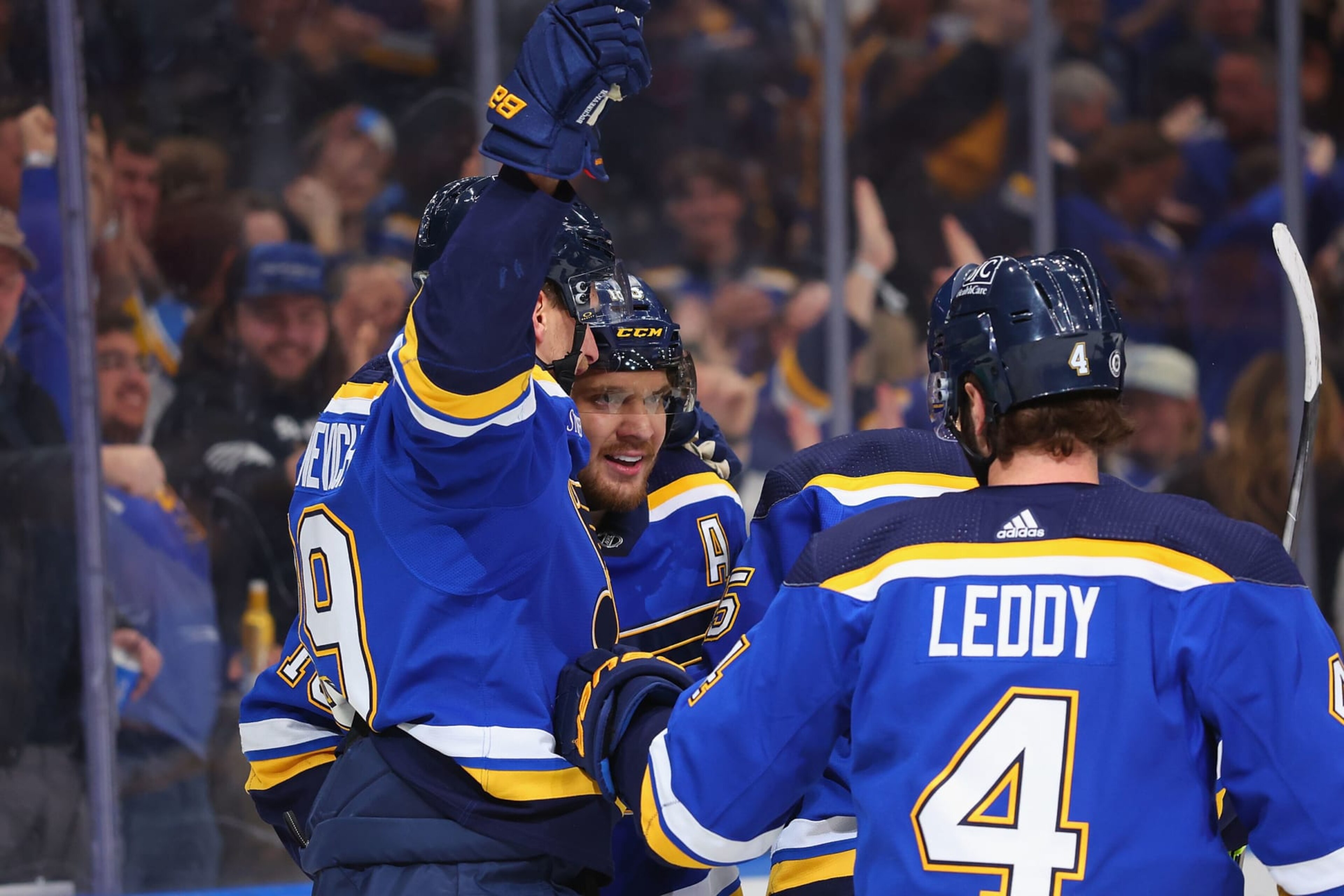 ST LOUIS, MISSOURI - FEBRUARY 15: Robert Thomas #18 of the St. Louis Blues celebrates his goal with Pavel Buchnevich #89 of the St. Louis Blues during the first period at Enterprise Center on February 15, 2024 in St Louis, Missouri. (Photo by Dilip Vishwanat/Getty Images) ST LOUIS, MISSOURI - FEBRUARY 15: Robert Thomas #18 of the St. Louis Blues celebrates his goal with Pavel Buchnevich #89 of the St. Louis Blues during the first period at Enterprise Center on February 15, 2024 in St Louis, Missouri. (Photo by Dilip Vishwanat/Getty Images)