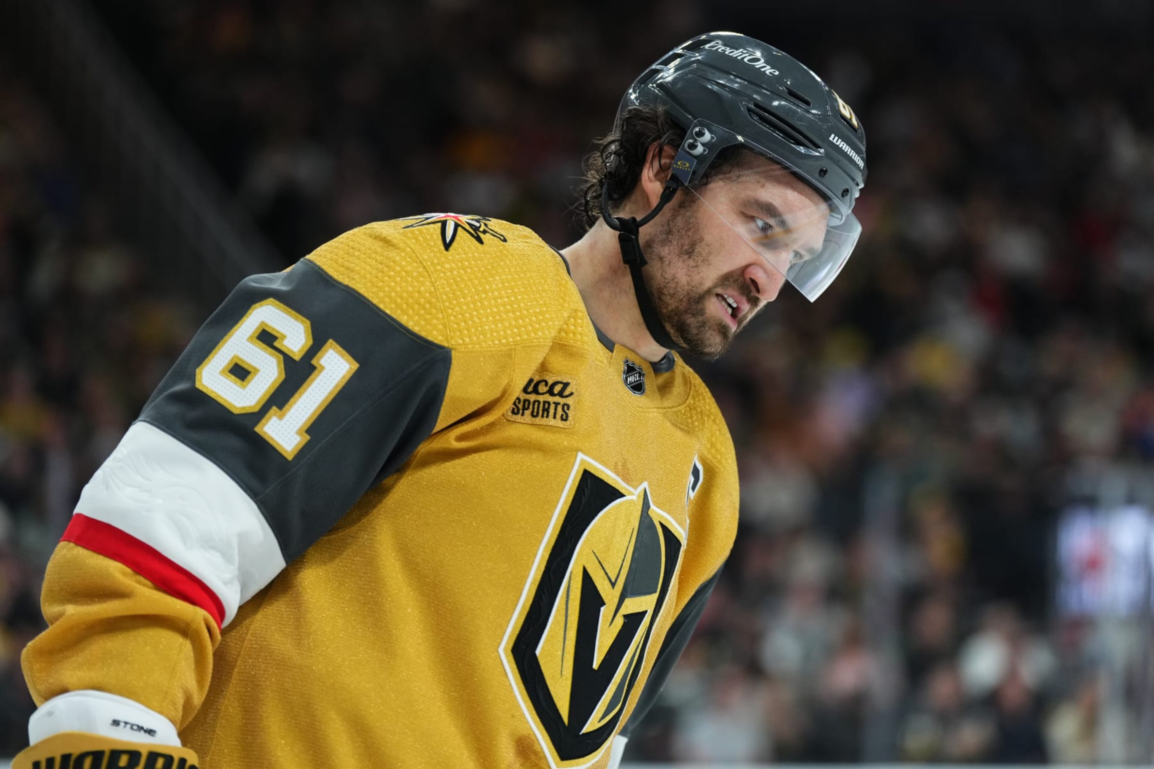LAS VEGAS, NEVADA - FEBRUARY 17: Mark Stone #61 of the Vegas Golden Knights reacts during the second period against the Carolina Hurricanes at T-Mobile Arena on February 17, 2024 in Las Vegas, Nevada. (Photo by Jeff Bottari/NHLI via Getty Images) LAS VEGAS, NEVADA - FEBRUARY 17: Mark Stone #61 of the Vegas Golden Knights reacts during the second period against the Carolina Hurricanes at T-Mobile Arena on February 17, 2024 in Las Vegas, Nevada. (Photo by Jeff Bottari/NHLI via Getty Images)