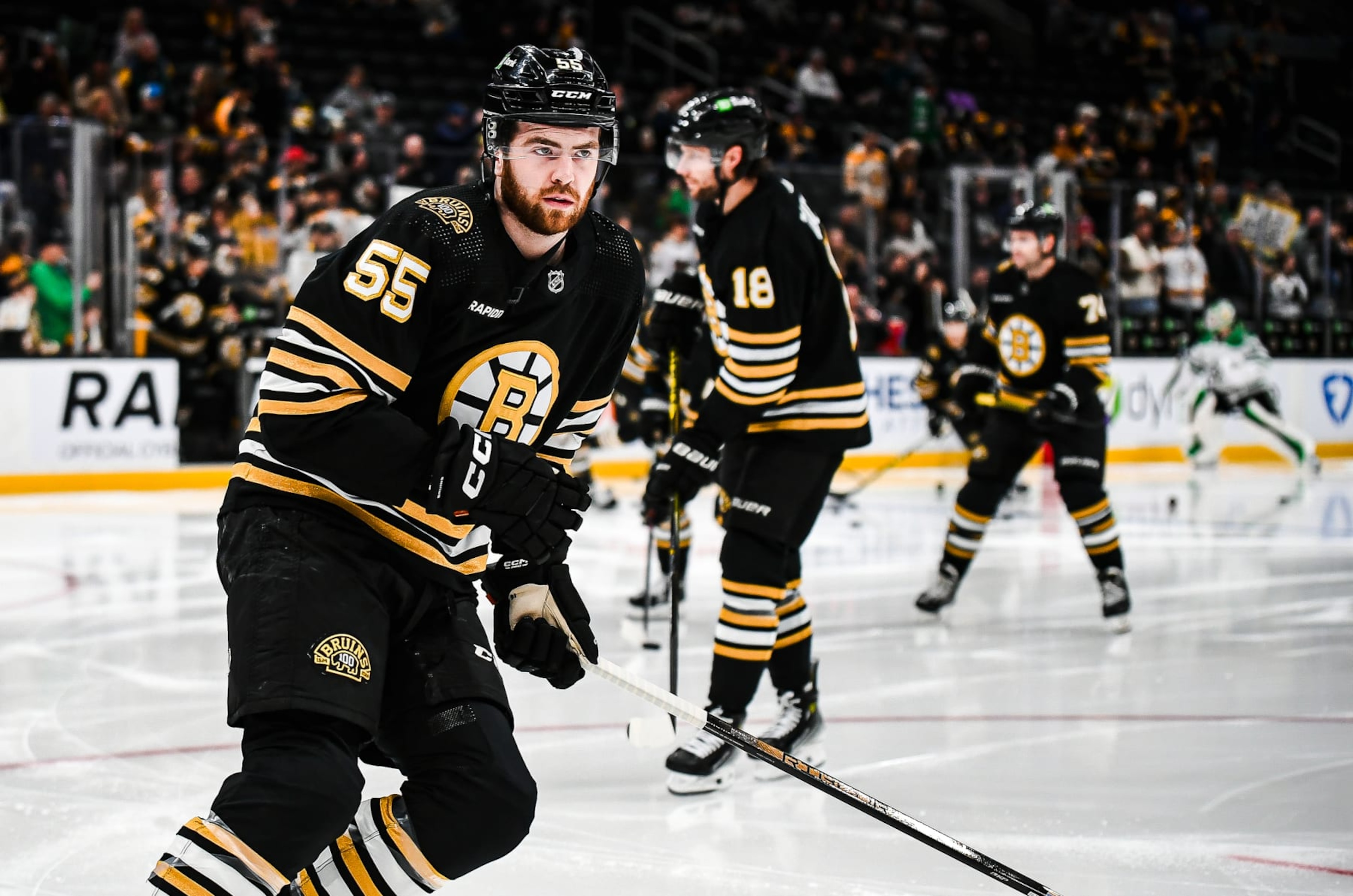 BOSTON, MASSACHUSETTS - FEBRUARY 19: Justin Brazeau #55 of the Boston Bruins warms up before the game against the Dallas Stars at TD Garden on February 19, 2024 in Boston, Massachusetts. (Photo by China Wong/NHLI via Getty Images) BOSTON, MASSACHUSETTS - FEBRUARY 19: Justin Brazeau #55 of the Boston Bruins warms up before the game against the Dallas Stars at TD Garden on February 19, 2024 in Boston, Massachusetts. (Photo by China Wong/NHLI via Getty Images)