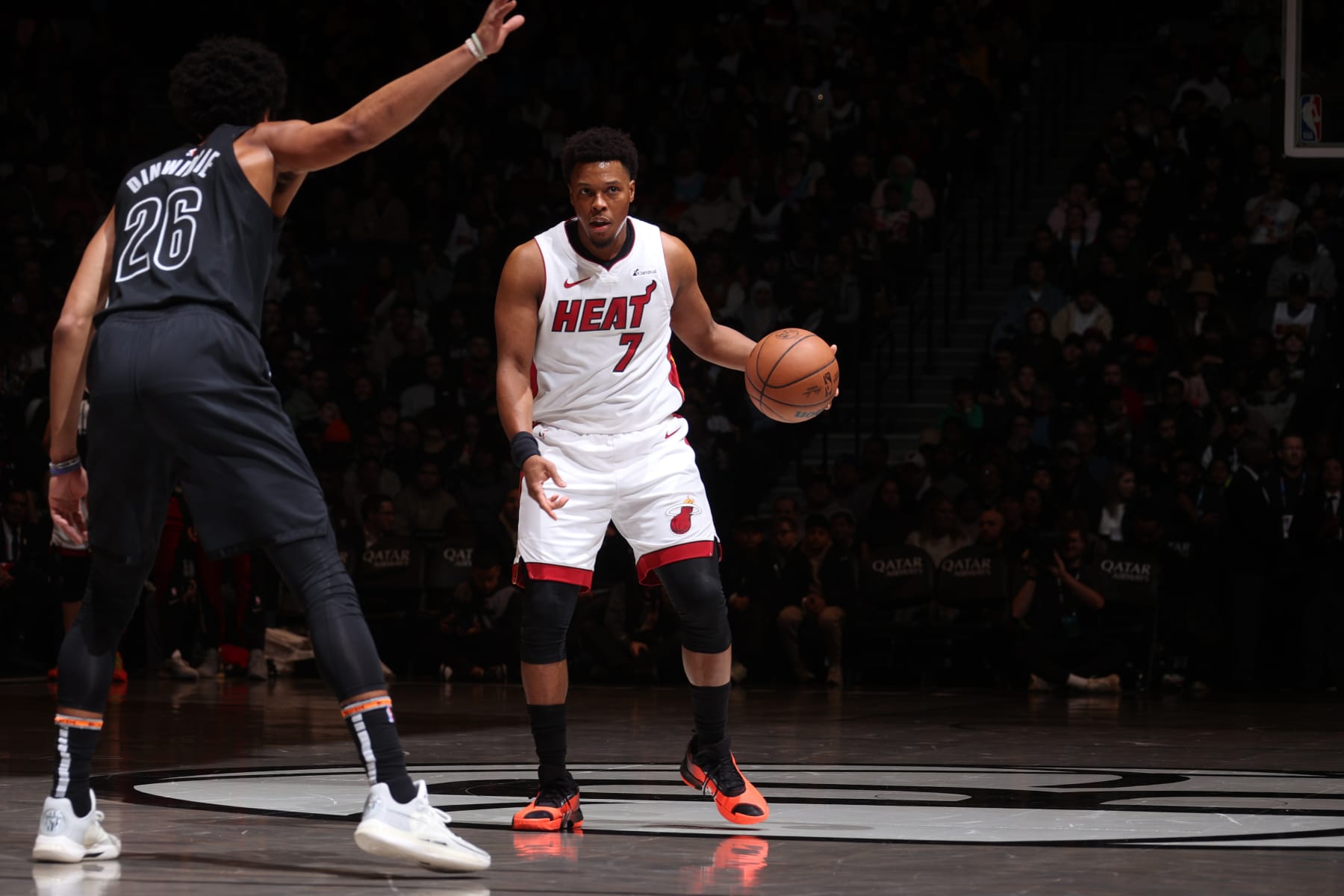 BROOKLYN, NY - JANUARY 15: Kyle Lowry #7 of the Miami Heat handles the ball during the game against the Brooklyn Nets on January 15, 2024 at Barclays Center in Brooklyn, New York. NOTE TO USER: User expressly acknowledges and agrees that, by downloading and or using this Photograph, user is consenting to the terms and conditions of the Getty Images License Agreement. Mandatory Copyright Notice: Copyright 2024 NBAE (Photo by Nathaniel S. Butler/NBAE via Getty Images)