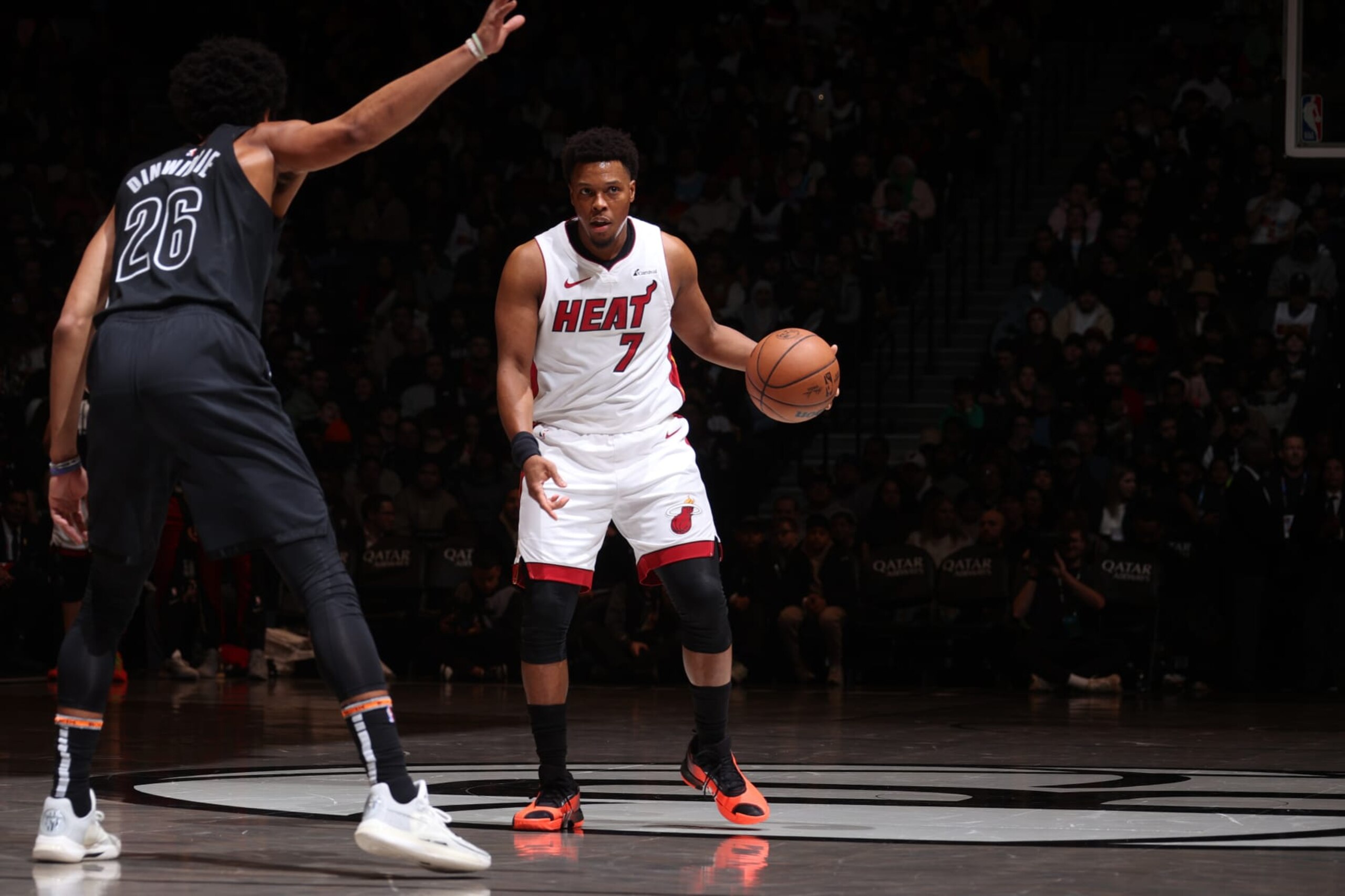 BROOKLYN, NY - JANUARY 15: Kyle Lowry #7 of the Miami Heat handles the ball during the game against the Brooklyn Nets on January 15, 2024 at Barclays Center in Brooklyn, New York. NOTE TO USER: User expressly acknowledges and agrees that, by downloading and or using this Photograph, user is consenting to the terms and conditions of the Getty Images License Agreement. Mandatory Copyright Notice: Copyright 2024 NBAE (Photo by Nathaniel S. Butler/NBAE via Getty Images)
