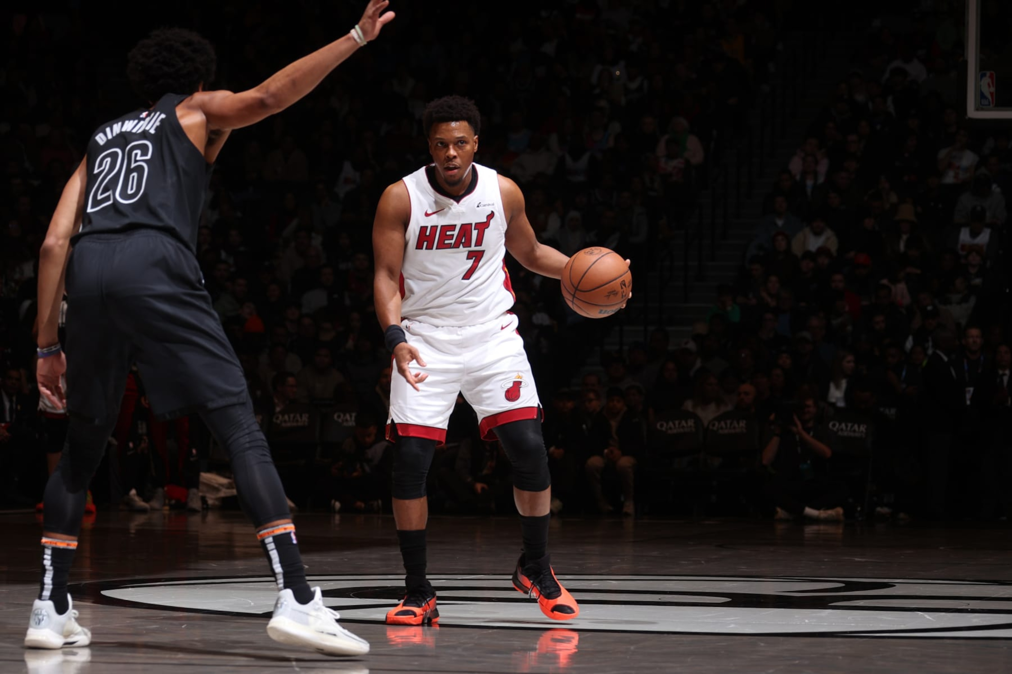 BROOKLYN, NY - JANUARY 15: Kyle Lowry #7 of the Miami Heat handles the ball during the game against the Brooklyn Nets on January 15, 2024 at Barclays Center in Brooklyn, New York. NOTE TO USER: User expressly acknowledges and agrees that, by downloading and or using this Photograph, user is consenting to the terms and conditions of the Getty Images License Agreement. Mandatory Copyright Notice: Copyright 2024 NBAE (Photo by Nathaniel S. Butler/NBAE via Getty Images)