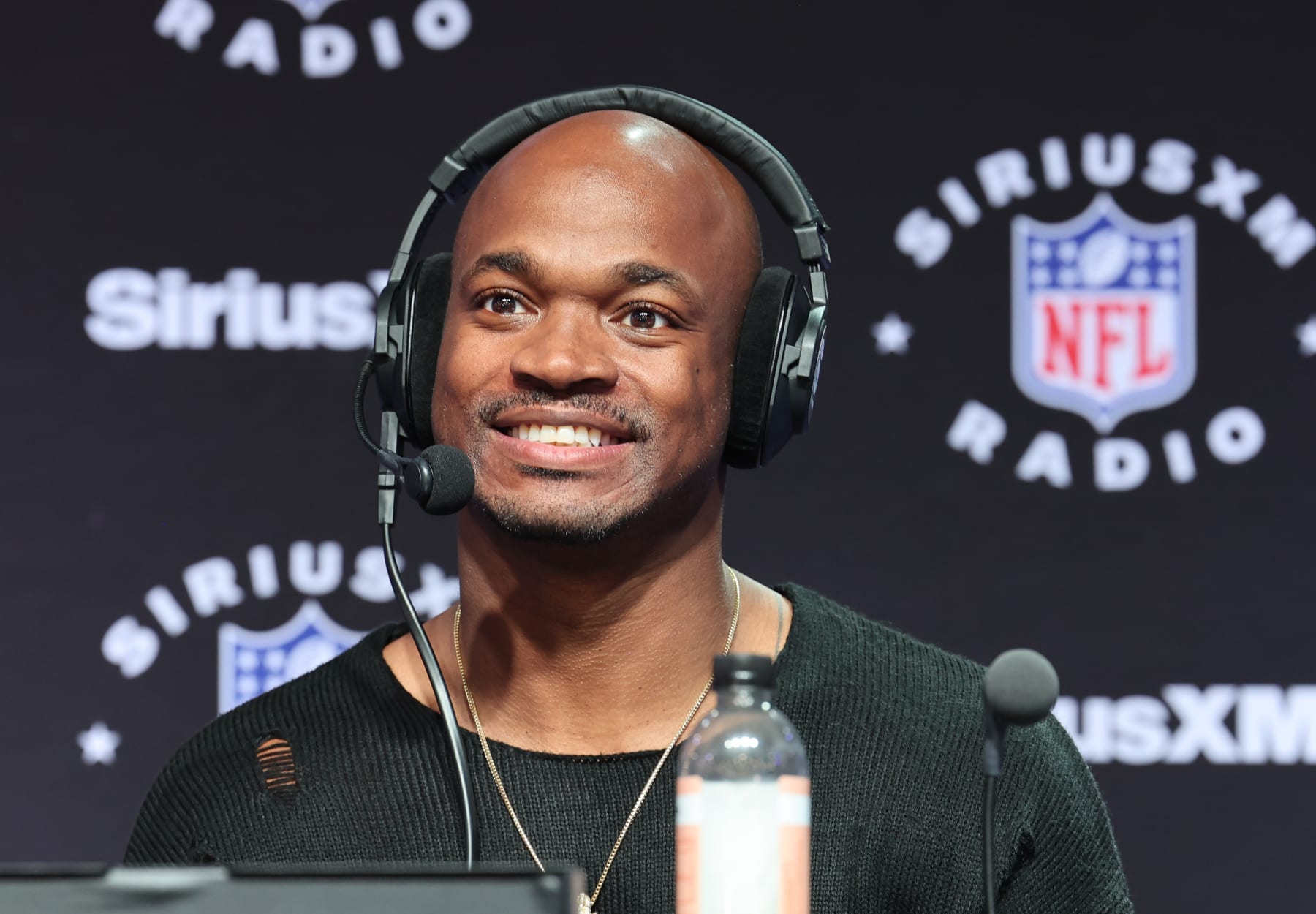 LAS VEGAS, NEVADA - FEBRUARY 09: Adrian Peterson speaks on SiriusXM at Super Bowl LVIII on February 09, 2024 in Las Vegas, Nevada. (Photo by Cindy Ord/Getty Images for SiriusXM)
