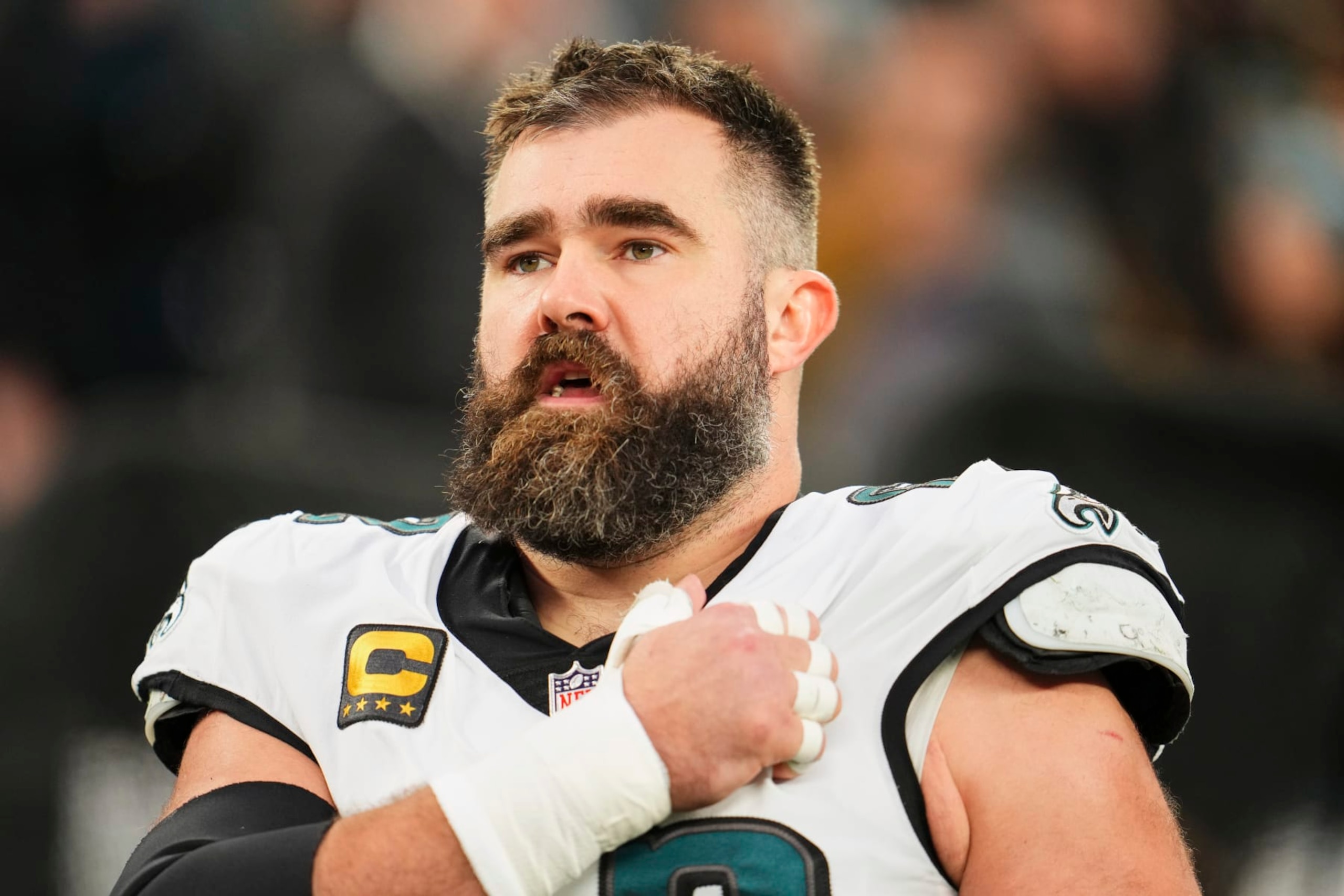 EAST RUTHERFORD, NJ - JANUARY 07: Jason Kelce #62 of the Philadelphia Eagles looks on before kickoff against the New York Giants at MetLife Stadium on January 7, 2024 in East Rutherford, New Jersey. (Photo by Cooper Neill/Getty Images)