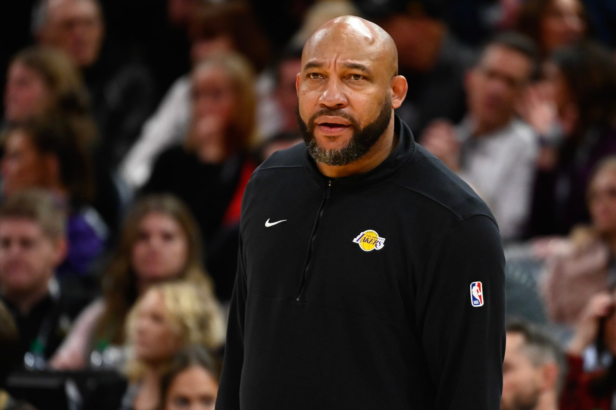 SALT LAKE CITY, UTAH - FEBRUARY 14: Los Angeles Lakers head coach Darvin Ham looks on during the second half of a game against the Utah Jazz at Delta Center on February 14, 2024 in Salt Lake City, Utah. NOTE TO USER: User expressly acknowledges and agrees that, by downloading and or using this photograph, User is consenting to the terms and conditions of the Getty Images License Agreement. (Photo by Alex Goodlett/Getty Images)