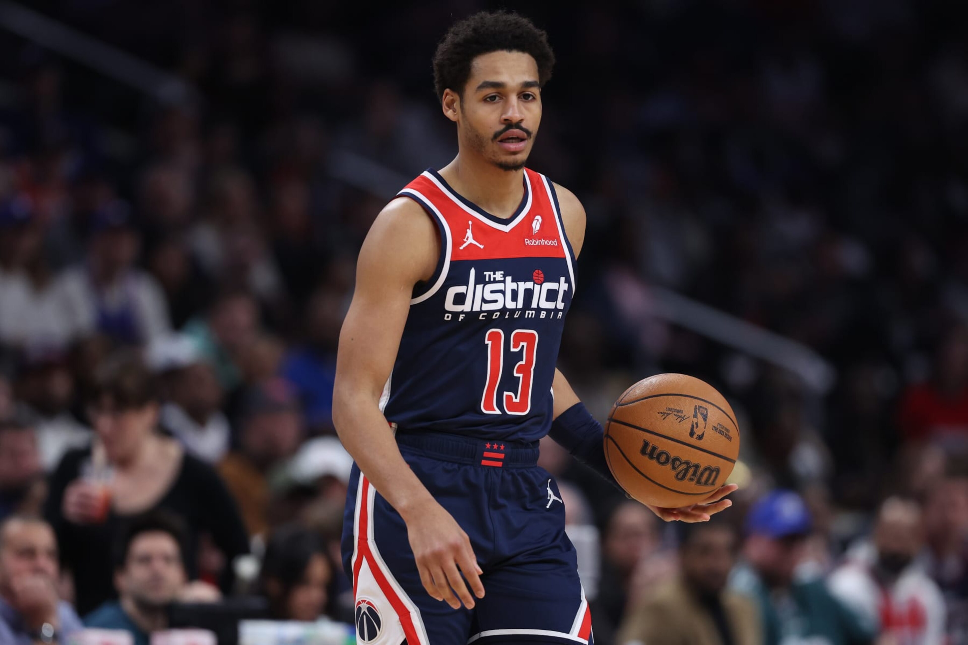 WASHINGTON, DC - FEBRUARY 10: Jordan Poole #13 of the Washington Wizards dribbles the ball against the Philadelphia 76ers during the first half at Capital One Arena on February 10, 2024 in Washington, DC. NOTE TO USER: User expressly acknowledges and agrees that, by downloading and or using this photograph, User is consenting to the terms and conditions of the Getty Images License Agreement. (Photo by Patrick Smith/Getty Images) WASHINGTON, DC - FEBRUARY 10: Jordan Poole #13 of the Washington Wizards dribbles the ball against the Philadelphia 76ers during the first half at Capital One Arena on February 10, 2024 in Washington, DC. NOTE TO USER: User expressly acknowledges and agrees that, by downloading and or using this photograph, User is consenting to the terms and conditions of the Getty Images License Agreement. (Photo by Patrick Smith/Getty Images)