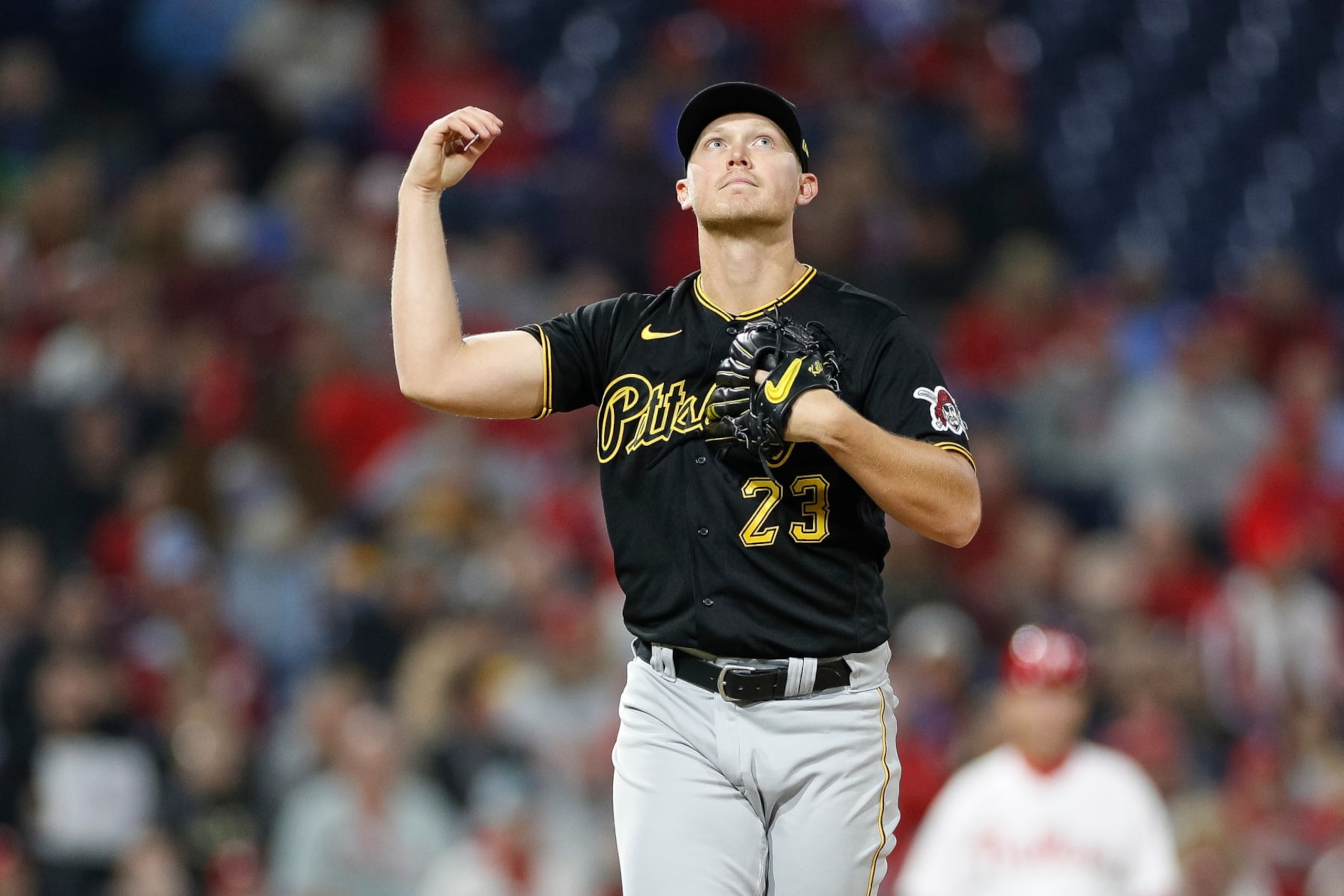 PHILADELPHIA, PA - SEPTEMBER 26: Pittsburgh Pirates starting pitcher Mitch Keller (23) reacts after giving up a home run in the sixth inning of a regular season game between the Pittsburgh Pirates and Philadelphia Phillies on September 26, 2023, at Citizens Bank Park in Philadelphia, PA. (Photo by Brandon Sloter/Icon Sportswire via Getty Images)